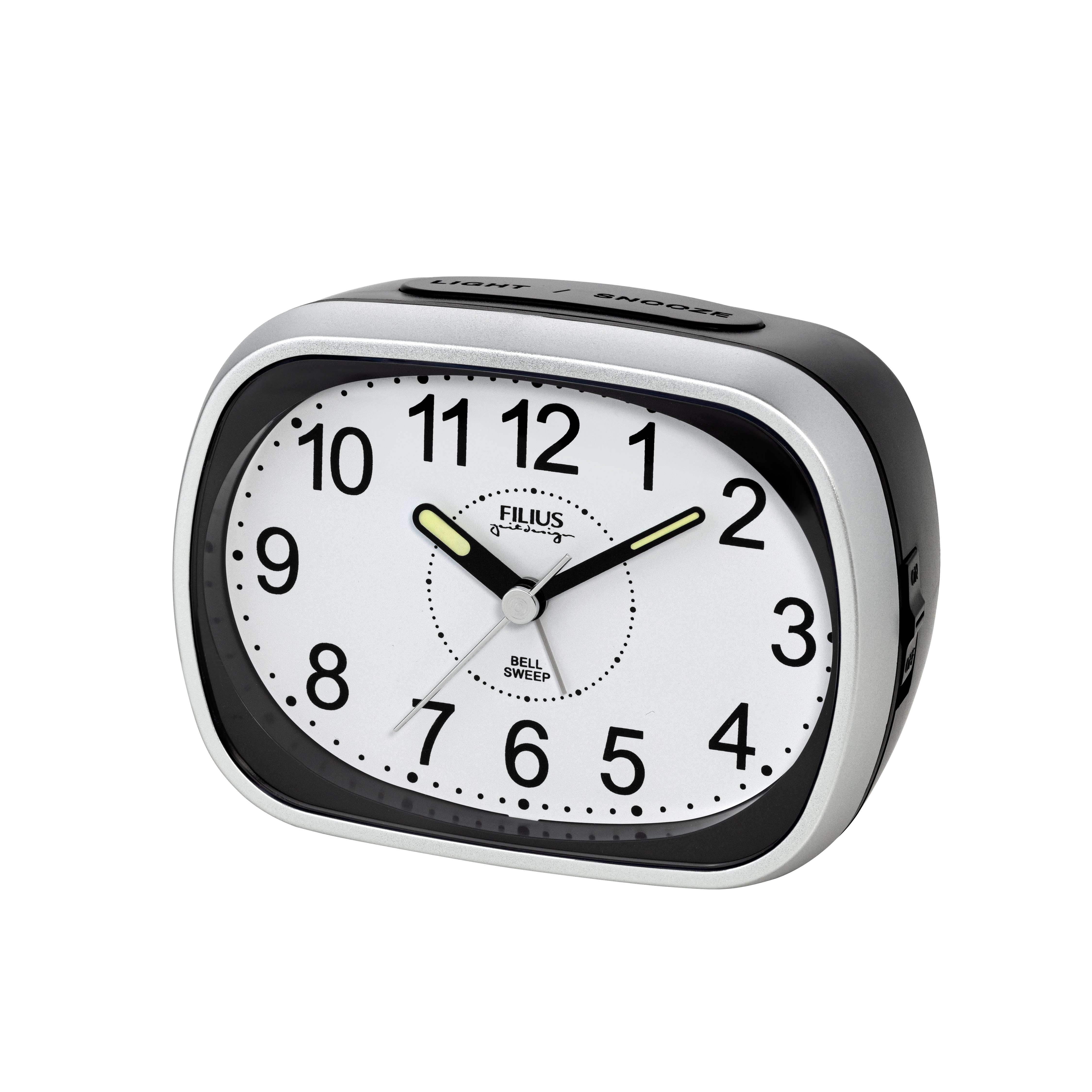 FILIUS zeitdesign Quarzwecker Schlafzimmer, Leuchtzeiger, schleichende Sekunde, Glockenalarm, Snooze