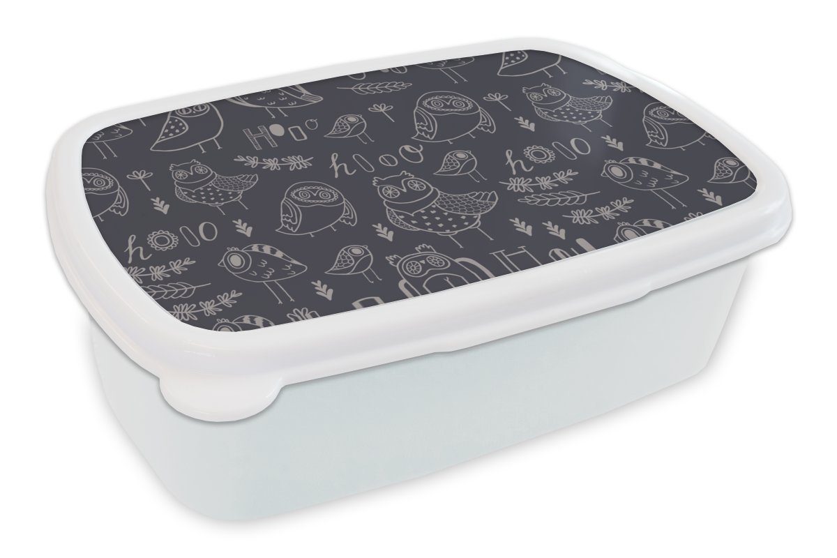 MuchoWow Lunchbox Muster - Vogel - Eule, Kunststoff, (2-tlg), Brotbox für Kinder und Erwachsene, Brotdose, für Jungs und Mädchen weiß