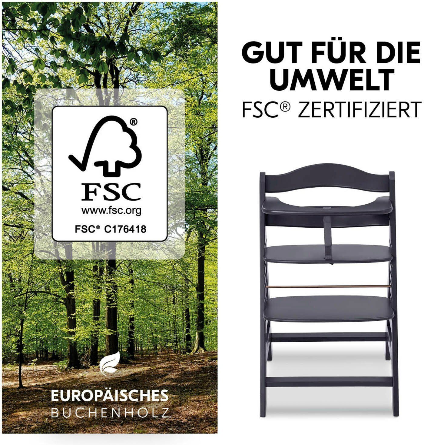 Hochstuhl Hauck Set Newborn Aufsatz; Dark Plus, schützt Newborn FSC® Alpha mit Grey, - - Wald weltweit