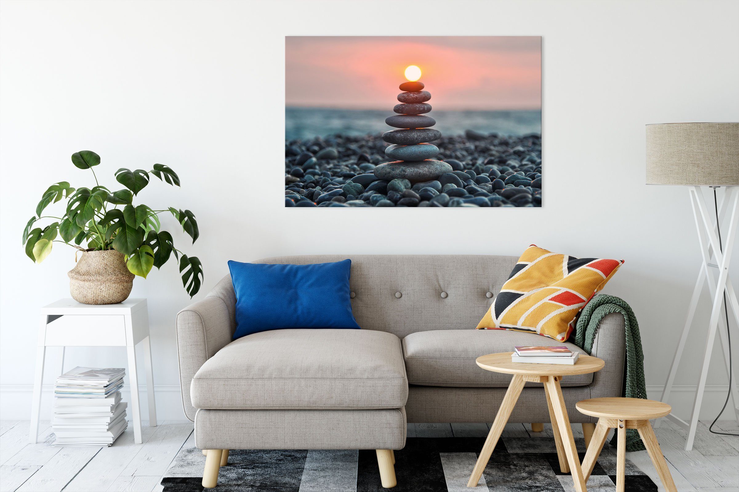 bespannt, fertig Leinwandbild Kieselsteinpyramide Pixxprint im St), inkl. Zackenaufhänger Leinwandbild Sonnenuntergang, Sonnenuntergang Kieselsteinpyramide (1 im