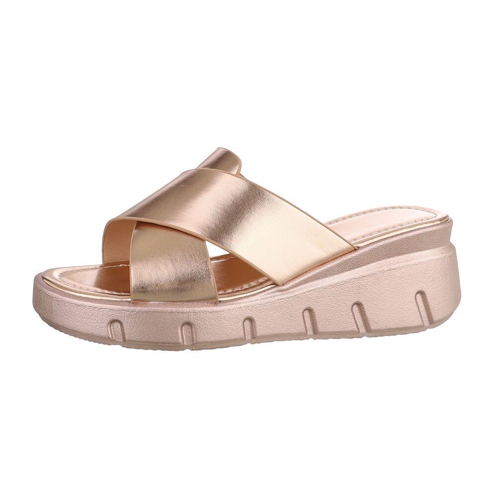 Ital-Design Damen Mules Freizeit Plateausandaletten Keilabsatz/Wedge Keilsandaletten in Roségold