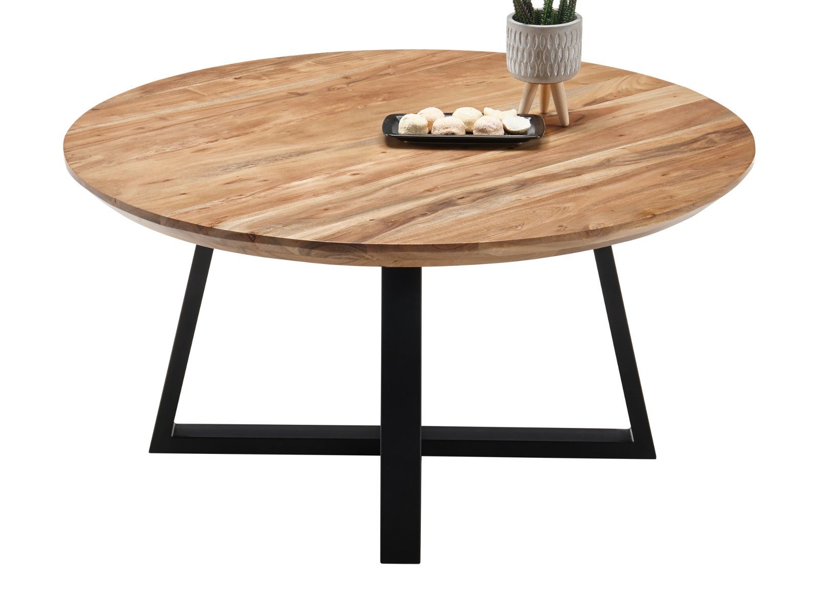 MCA furniture Couchtisch lackiert Massivholz, Safaga rund, klar (Wohnzimmertisch 90 schwarz), Metallgestell cm