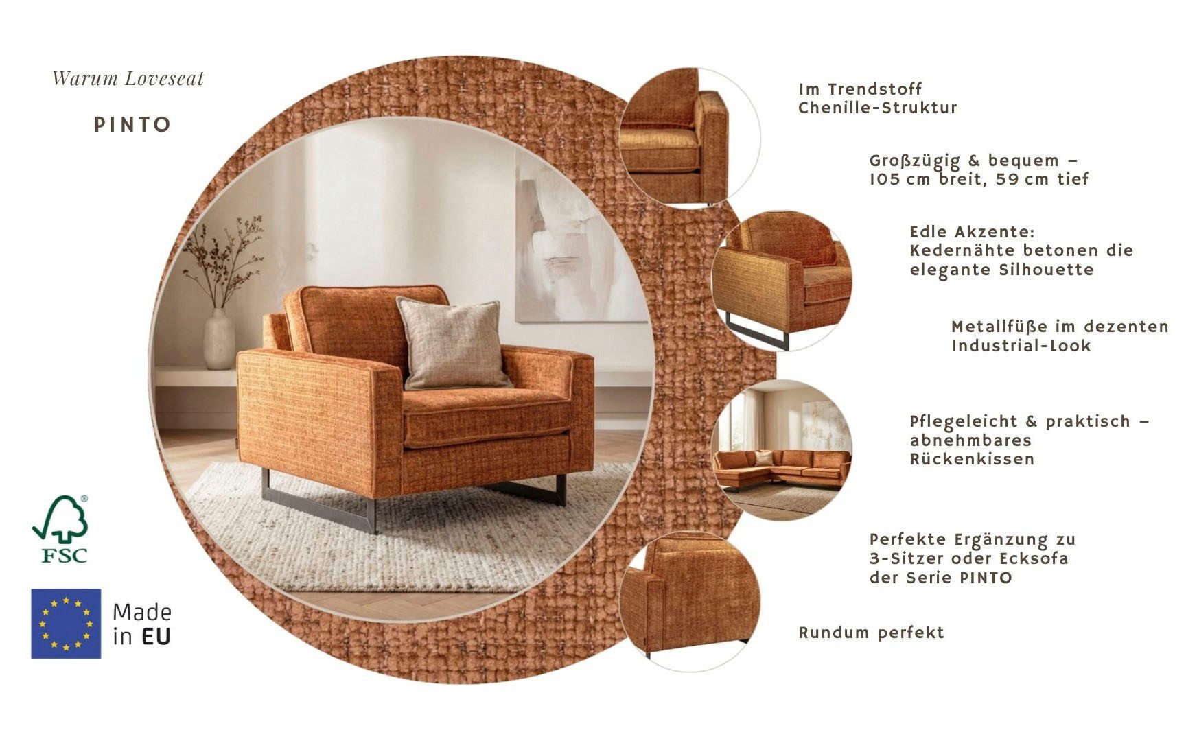 Home affaire Loveseat Pinto 105 cm, Cord, Chenille, Lederoptik, mit Keder, Metallfüßen und auch in Cord Bezug erhältlich