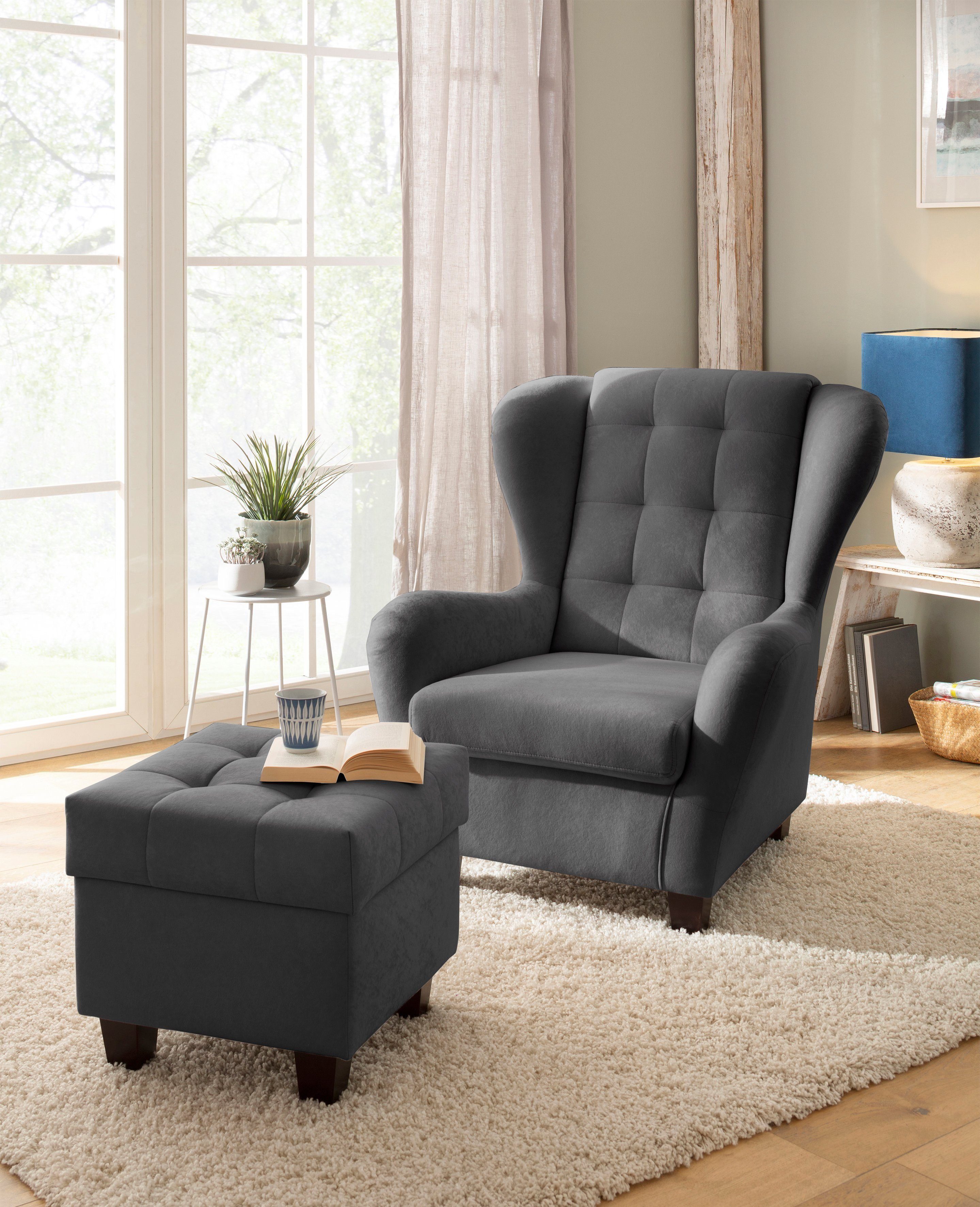 Home affaire Ohrensessel Alexander, B: 92 cm, Sitzhöhe: 44 cm, Set: mit Hocker, mit Steppung