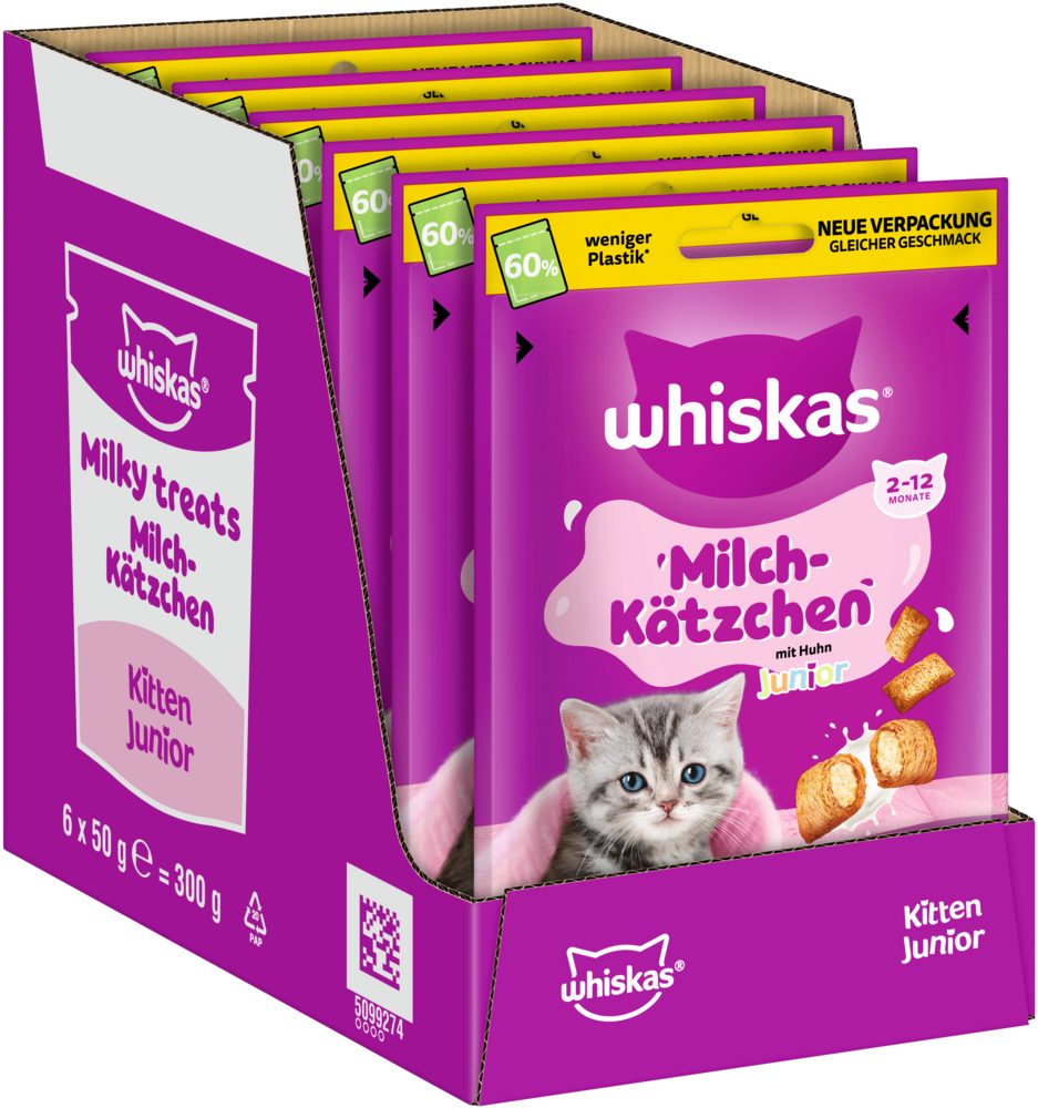 Whiskas WHISKAS® Milch-Kätzchen mit Huhn Junior 2-12 Monate 6 x 50g, Snack für: Katze