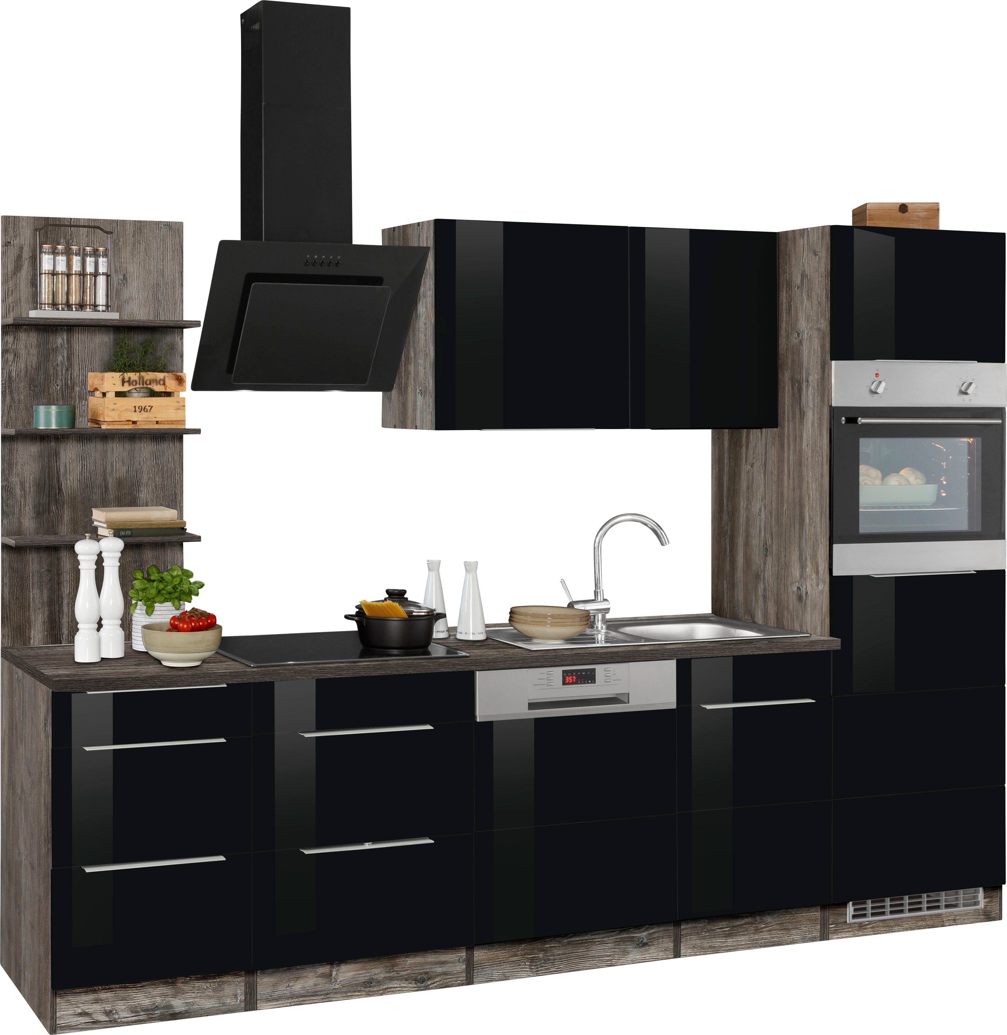 HELD MÖBEL Küchenzeile mit schwarz | 280 cm Brindisi, / eiche vintage vintage Hochglanz E-Geräten, eiche Breite