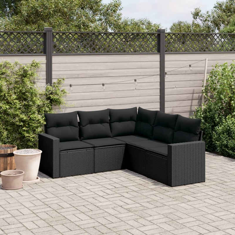 vidaXL Loungesofa 5-tlg. Garten-Sofagarnitur mit Kissen Schwarz Poly Rattan, 1 Teile