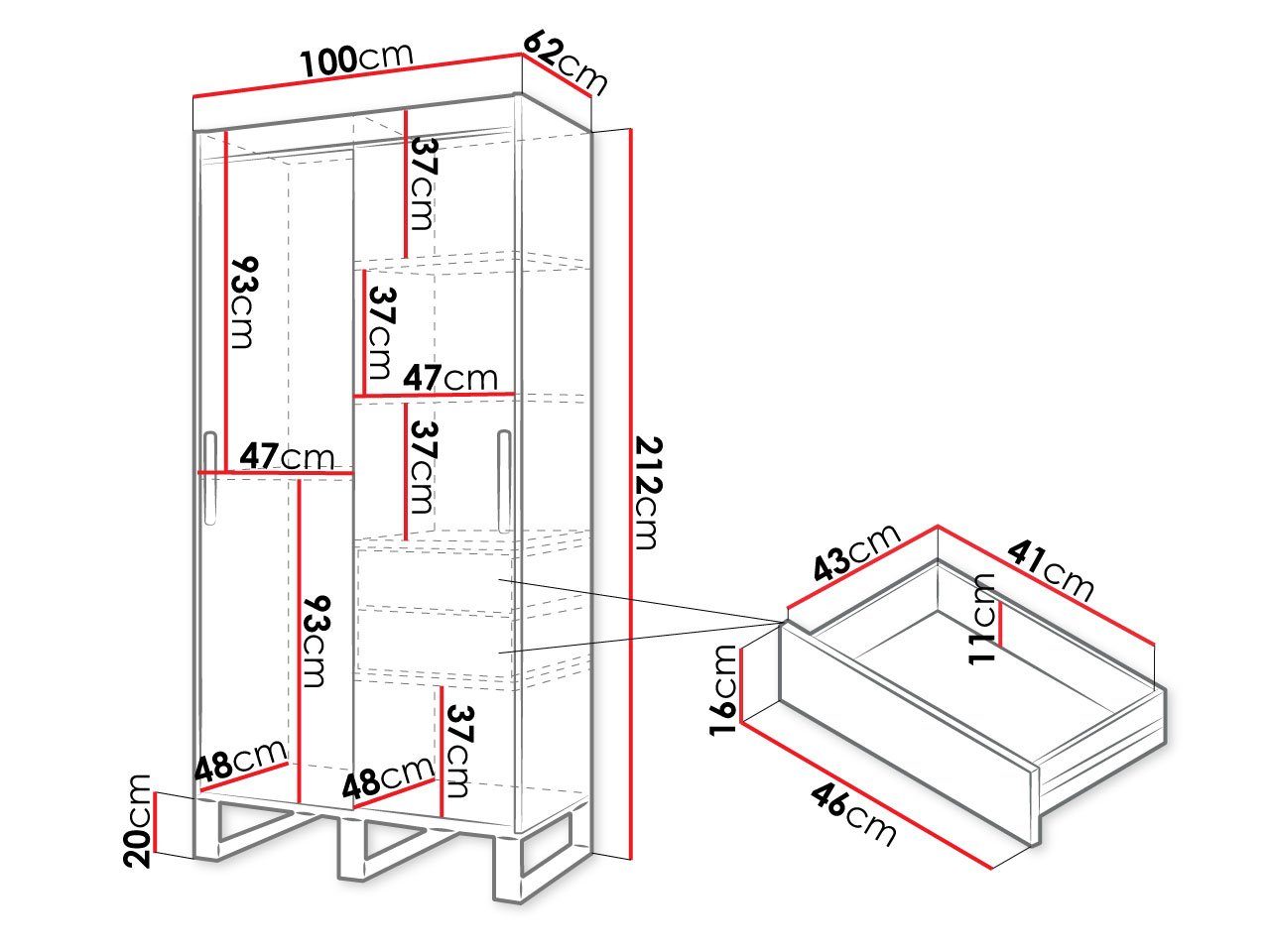 V2 Frontspiegel) Schiebetüren, (Komplett-Set, zwei 100/120/150/180/200/250 Kleiderstange Regalen, Schubladen, mit cm, Loft Kleiderschrank Mirjan24