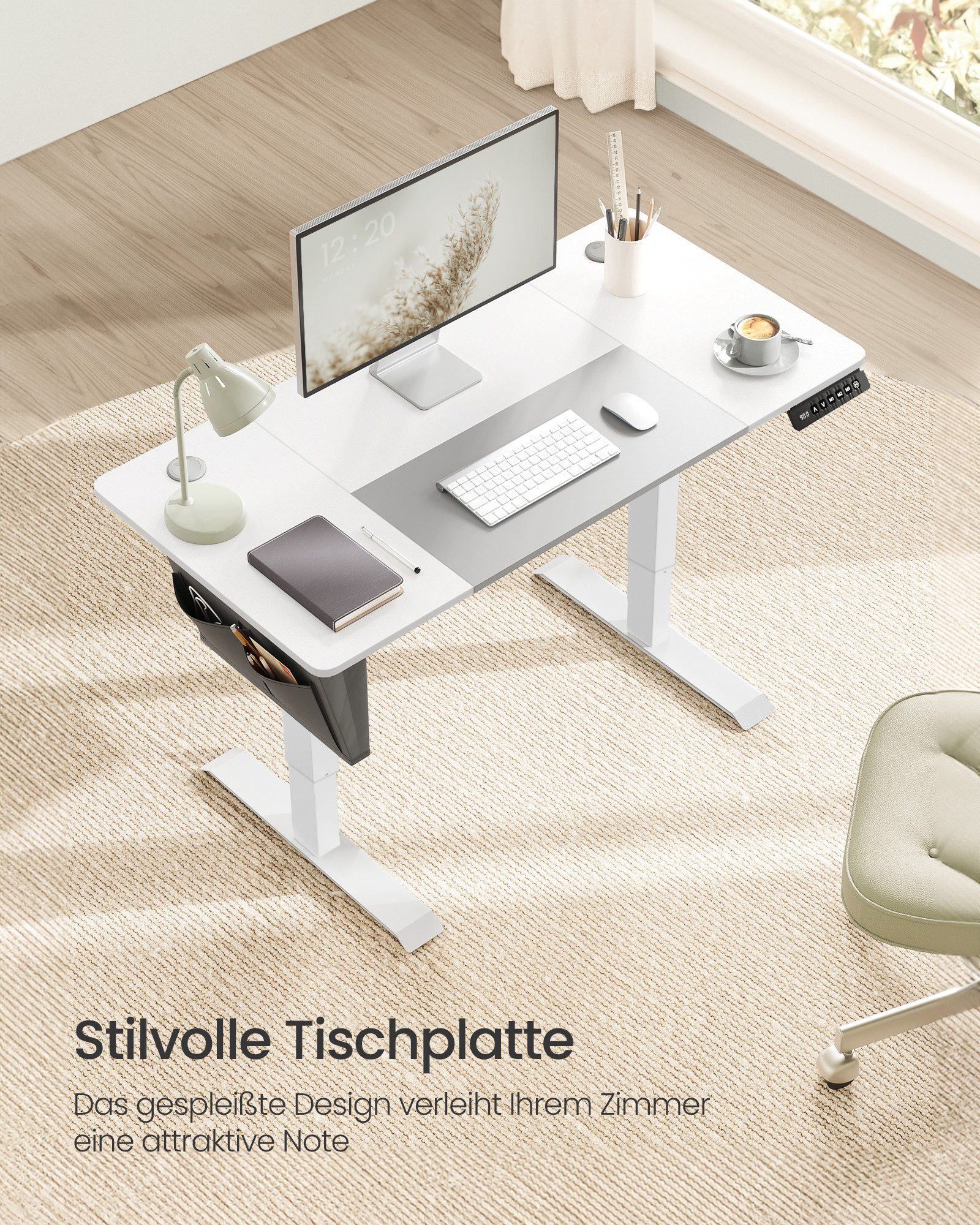 SONGMICS Schreibtisch Höhenverstellbarer elektrisch, USB-C-Anschluss (mit Stoff- Organizer), stufenlos verstellbar, Memory-Funktion mit 4 Höhen, 120/140/160/180 cm