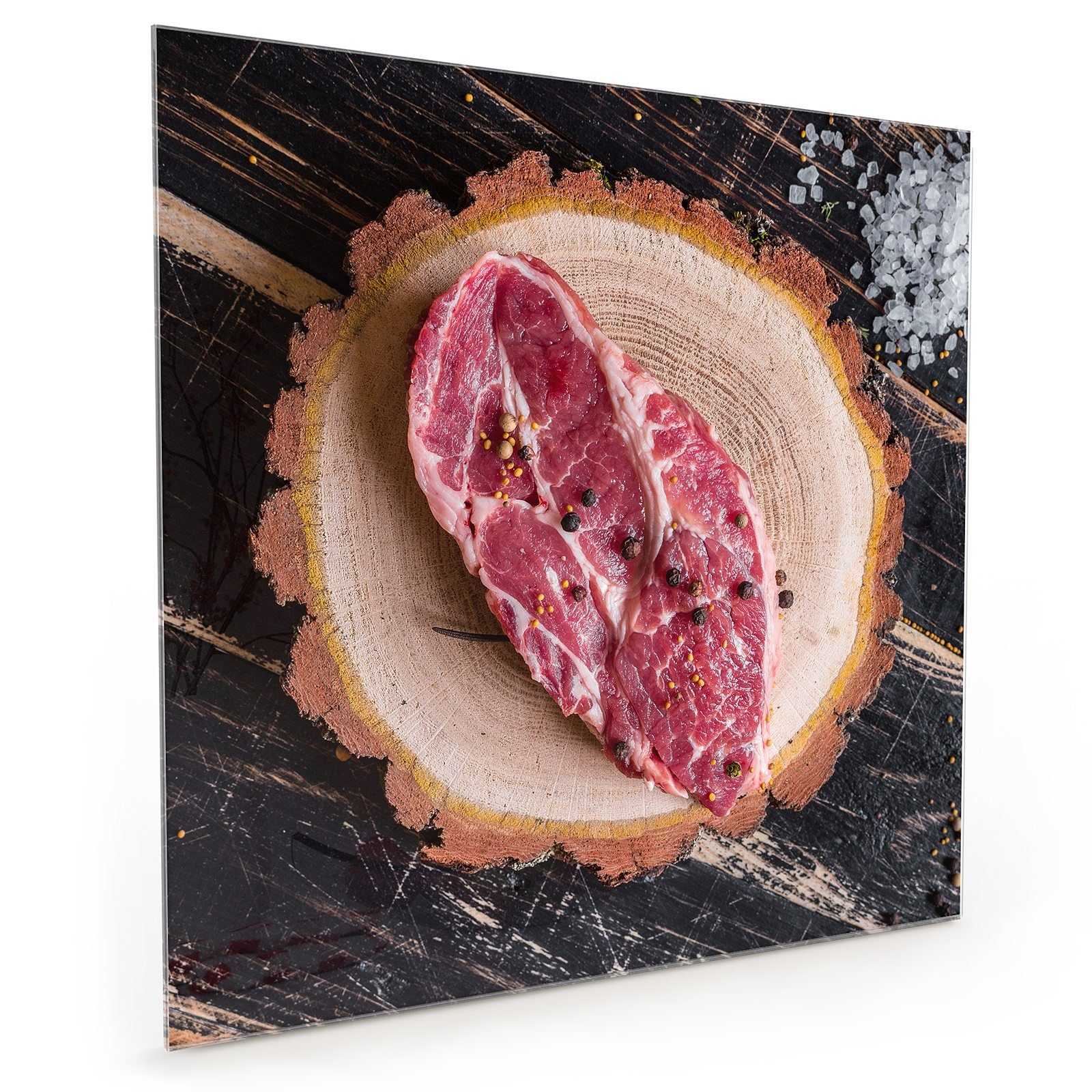 Primedeco roh Küchenrückwand Holzplatte Glas Spritzschutz Steak auf