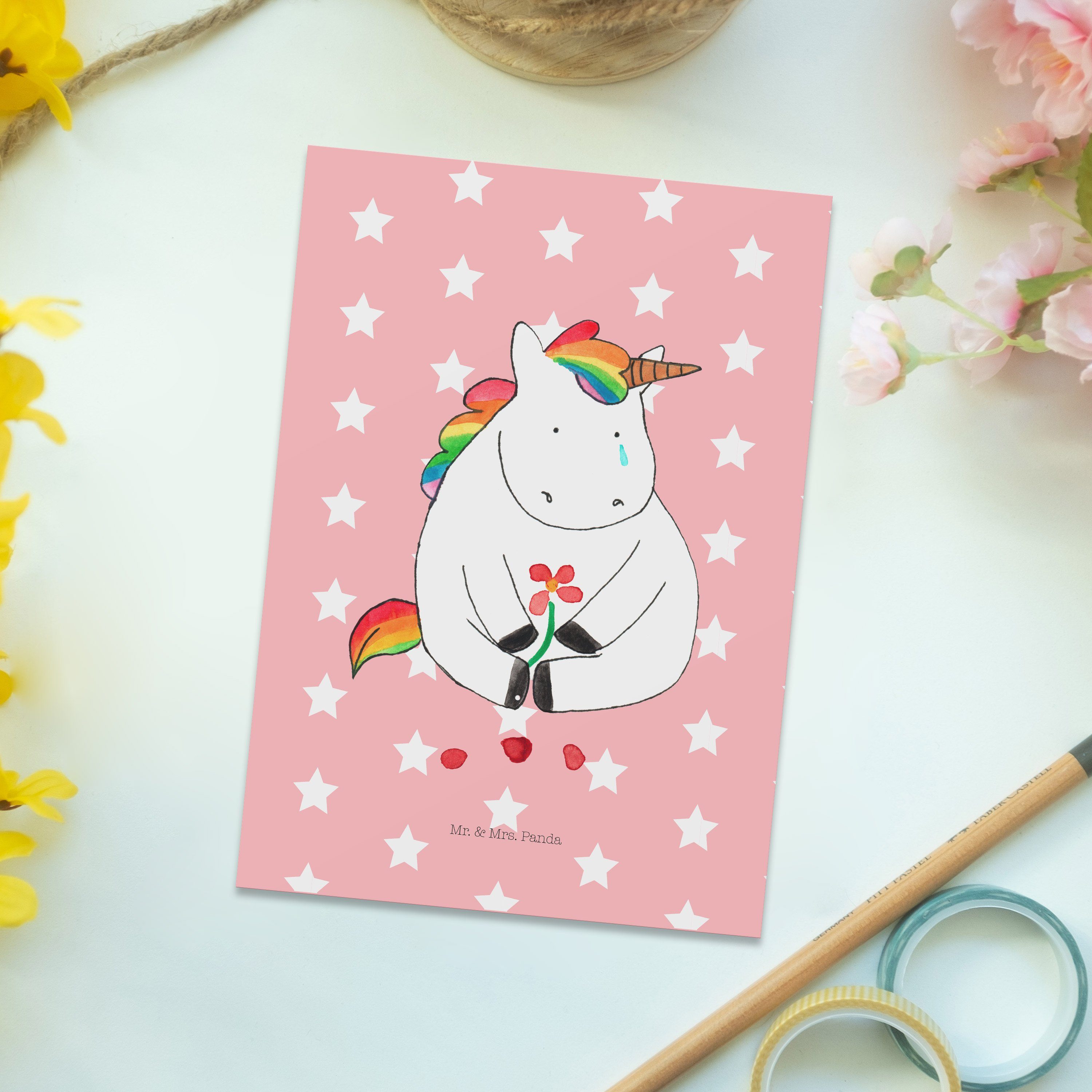 Rot Geschenk, Einhorn Mr. Deko, Traurig Panda Blume Liebe, - Pastell Einhorn - & Mrs. Postkarte