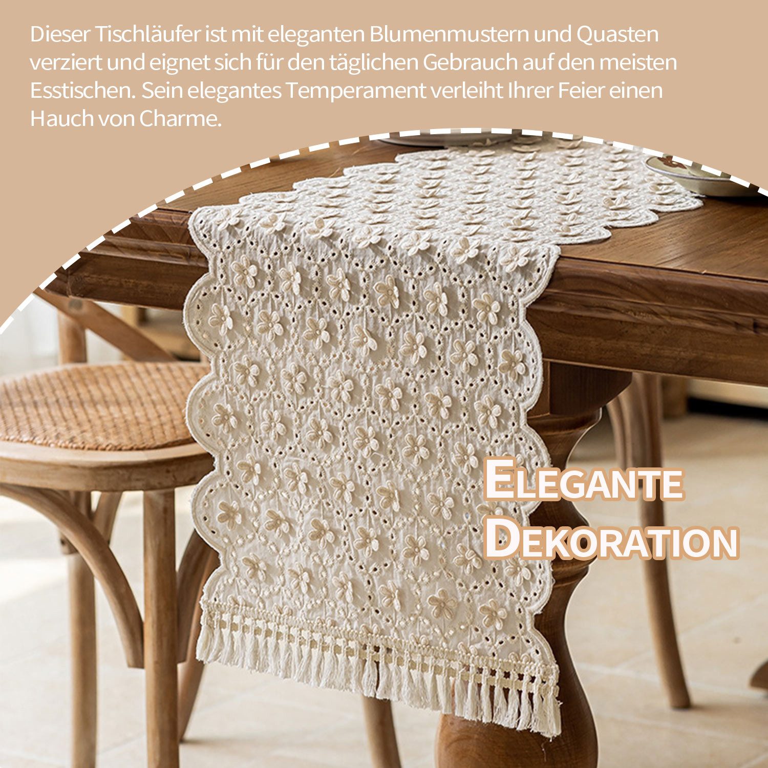 Refttenw Tischläufer Mode Blumen boho Tischläufer,Dreidimensionale Blumen,mit Quasten