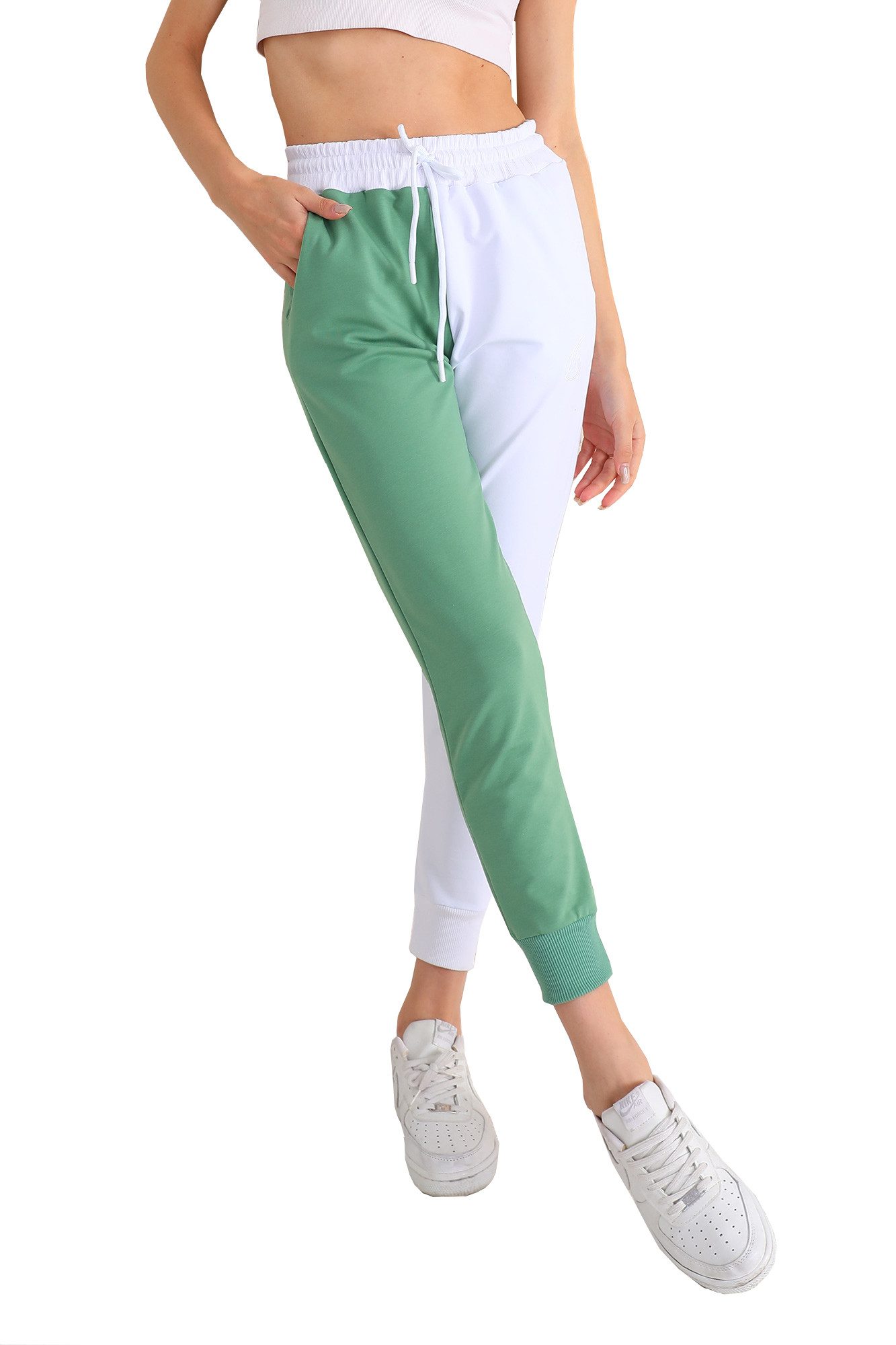 Bongual Jogginghose zweifarbige Loungehose mit Rippbündchen grün-weiß