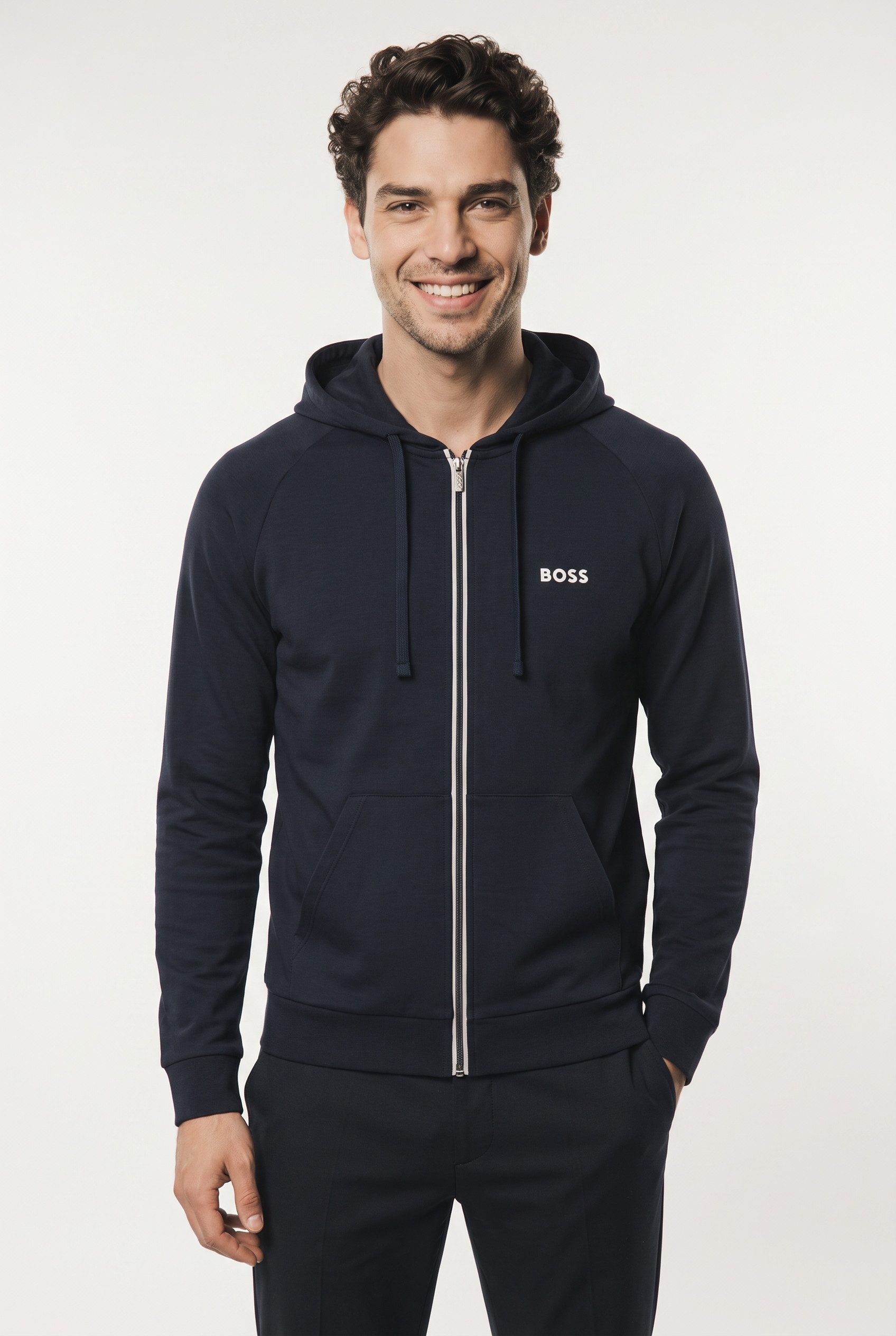 BOSS Kapuzensweatjacke Authentic aus Baumwoll-Terry mit kontrastfarbenem Reißverschluss