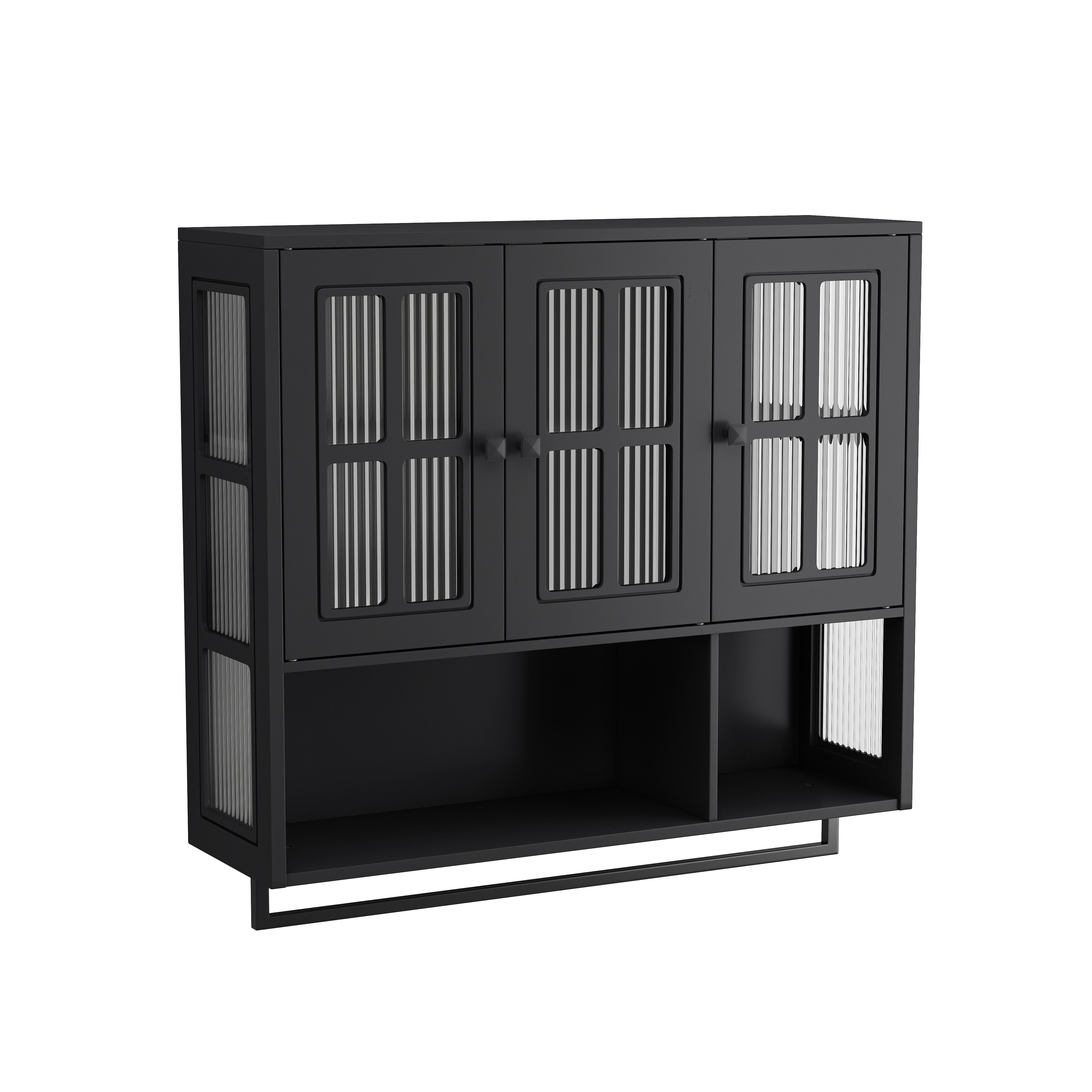 FANNOU Hängeschrank mit Dreistufiger Speicher und ein Handtuchhalter, 88x85x26cm Glastüren Moderner zweitüriger Wandschrank für Eingangsbereich, Küchen