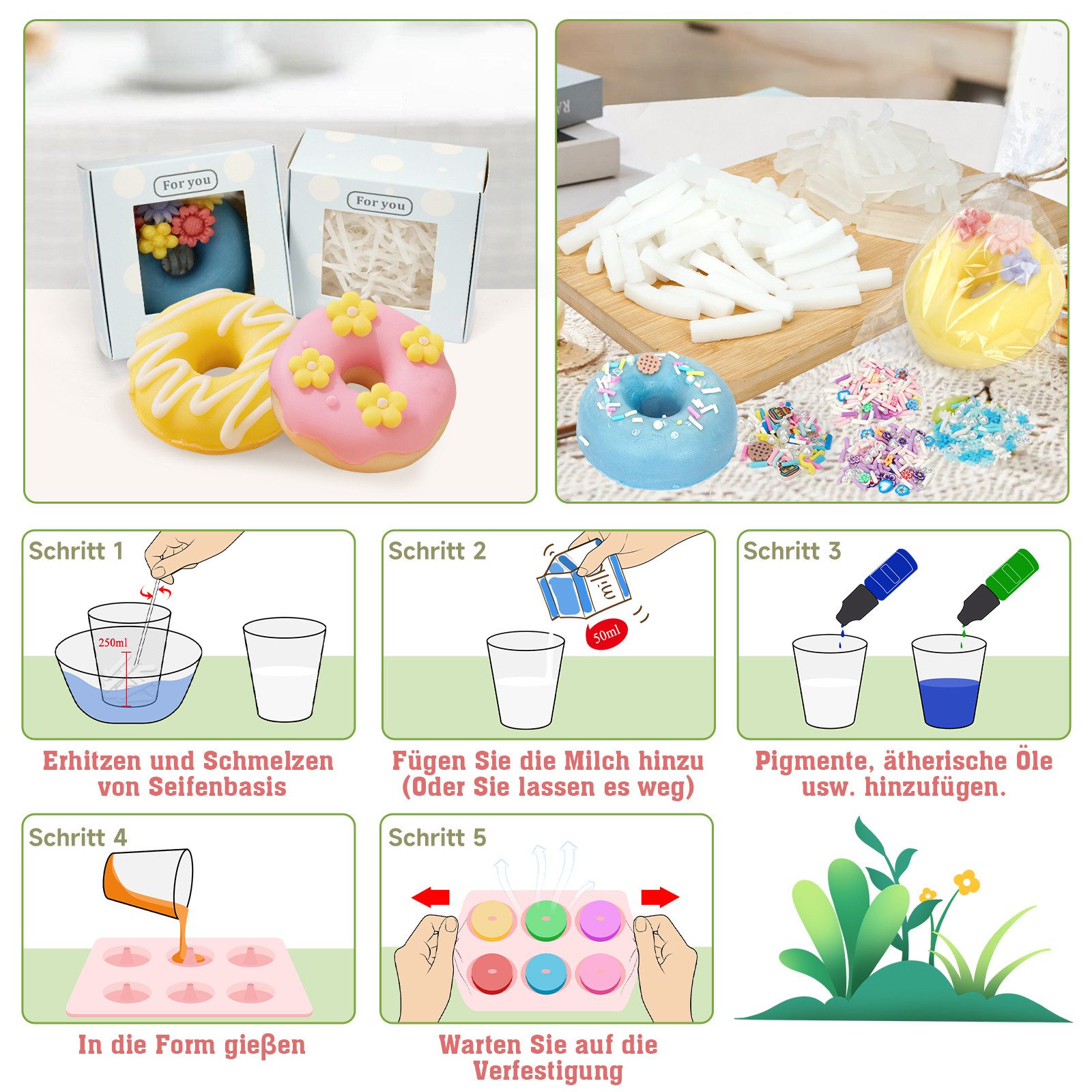 OSTWOLKE Seifen-Set Donut Seifen Selber Machen Set Bastelset für DIY Seifenherstellung, Komplette DIY Set inkl. Seifenbasis, Ätherisches Öl, Silikonform