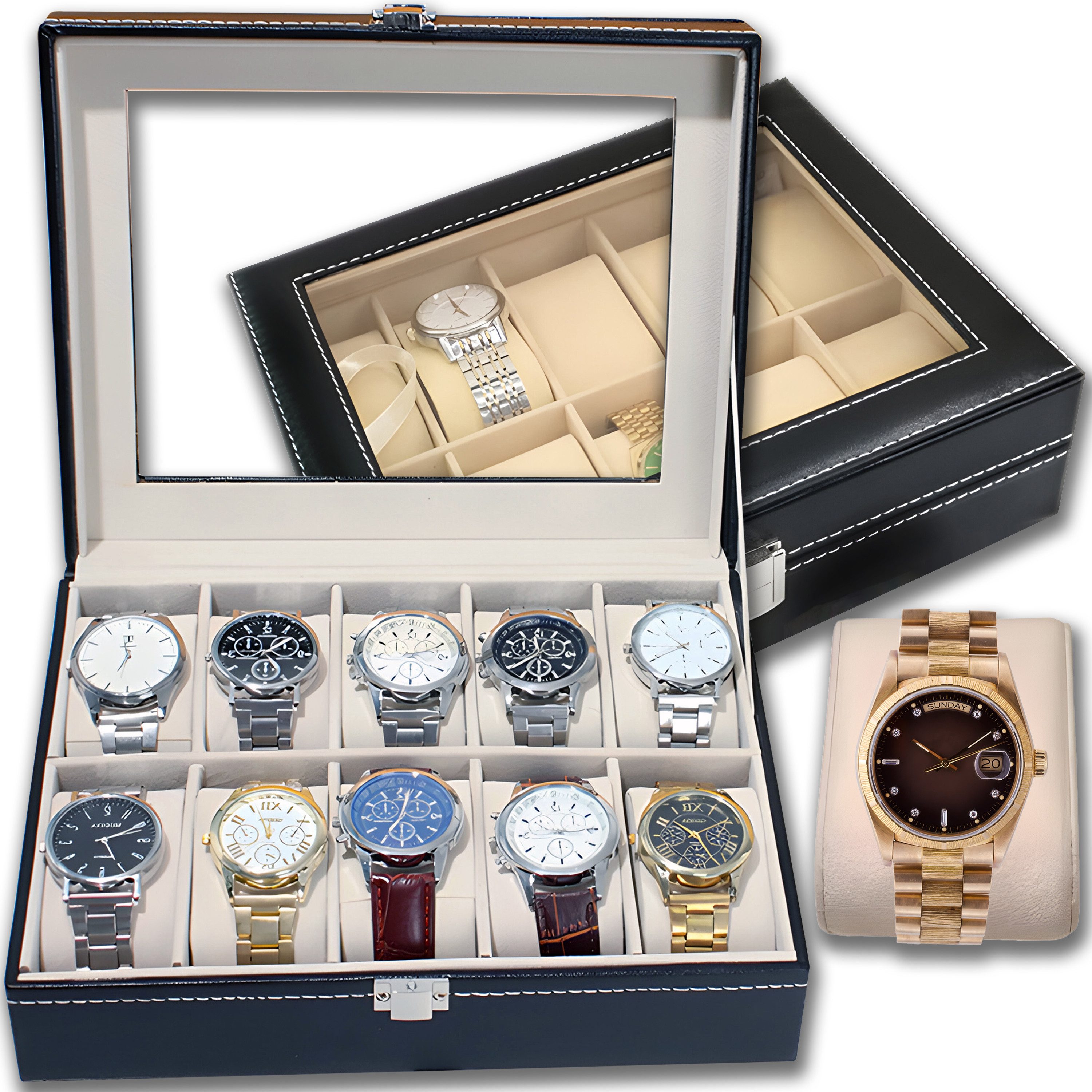 Retoo Uhrenbox Uhrenbox Schaukasten Uhrenkoffer Uhrenkasten Uhrenschatulle 10 Uhren (Set, Uhrenbox), Uhrenschutz, Hohe Verarbeitungsqualität, Kompakte Abmessungen
