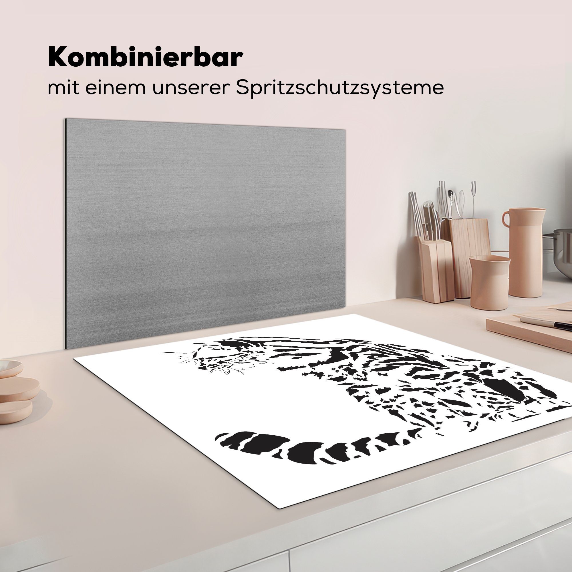 MuchoWow schwarz-weiße Ceranfeldabdeckung, (1 küche Herdblende-/Abdeckplatte cm, Vinyl, tlg), Arbeitsplatte für Tigerkatze, 78x78 Illustration Eine einer