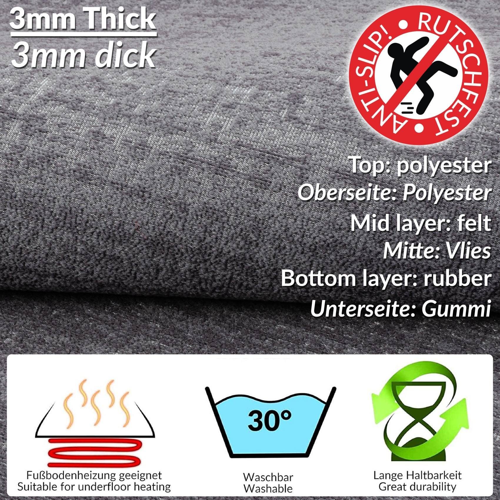 Grau Robust, Teppichläufer Premium ANTON Küchenläufer Läufer ANRO, Textil Rechteckig, Küchenläufer Textil Modern Höhe: mm, 3