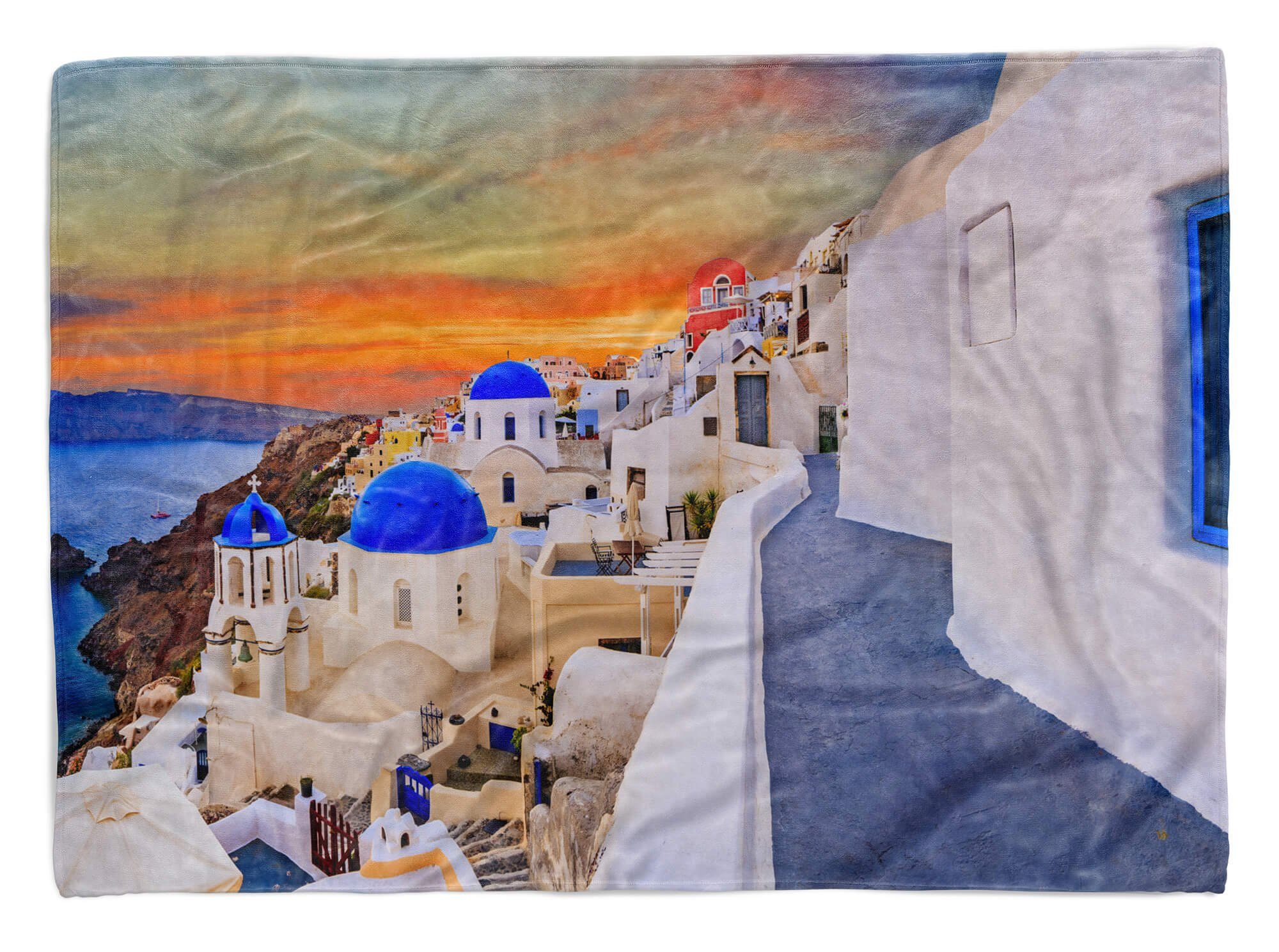 Art Baumwolle-Polyester-Mix Strandhandtuch Handtuch Handtücher Kuscheldecke Fotomotiv Handtuch Saunatuch (1-St), Santorini Sinus mit Griechen,