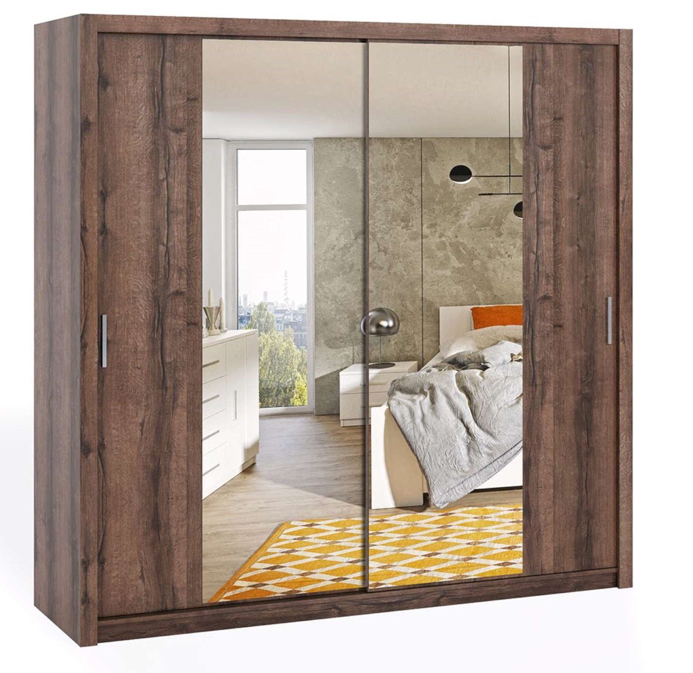 99rooms Schwebetürenschrank Mela (Kleiderschrank, Mehrzweckschrank) 120/150/180/200/220 x 215 cm, aus Holzwerkstoff, viel Stauraum