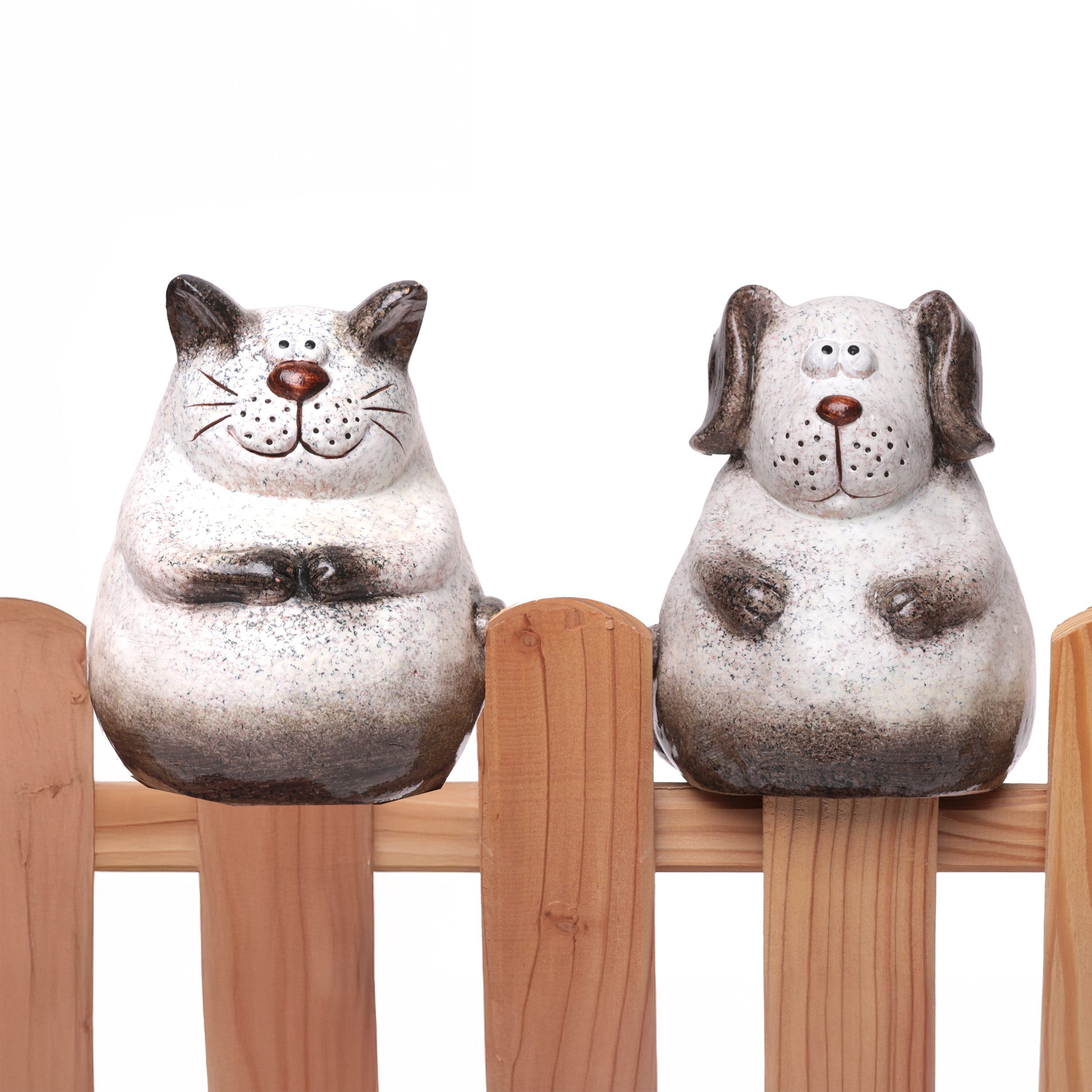 Annastore Dekofigur Zaunhocker Hund und Katze aus Terracotta - Gartenfigur - Zaunfigur, Tierdeko für Zaun, Höhe 16 cm