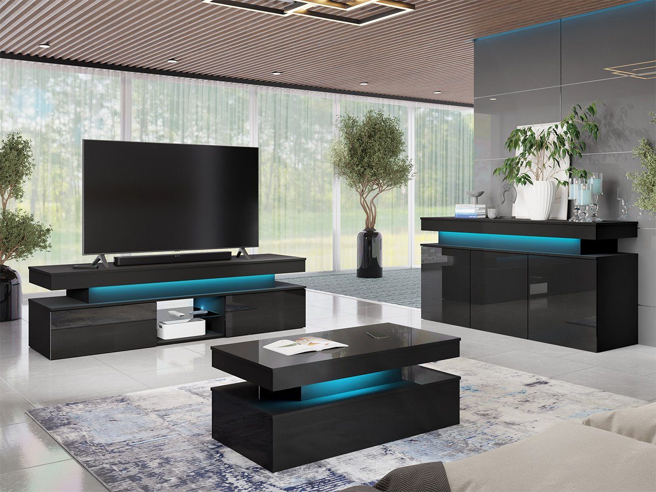 MIRJAN24 Wohnzimmer-Set Glossa I, (3er-Set, Kommode, TV-Lowboard, Couchtisch), mit blauer LED-Beleuchtung Schwarz Hochglanz