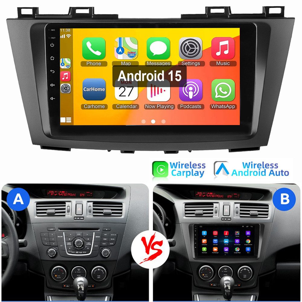 ESSGOO 9" Für Mazda 5 2010-2015 Android 15 Autoradio GPS Bluetooth WIFI Autoradio (RDS, Digitalradio (DAB), FM, AM, Apple Carplay Android Auto SWC EQ BT SWC)