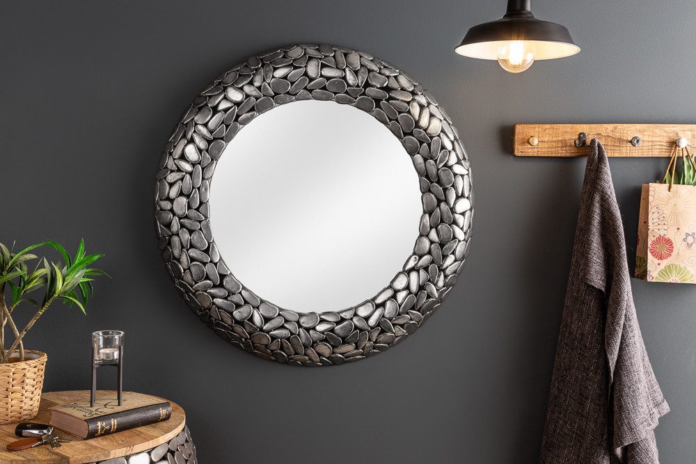 riess-ambiente Wandspiegel STONE MOSAIC XL 82cm silber (Einzelartikel, 1-St), Schlafzimmer · Metall · rund · mit Rahmen · Wohnzimmer · Deko