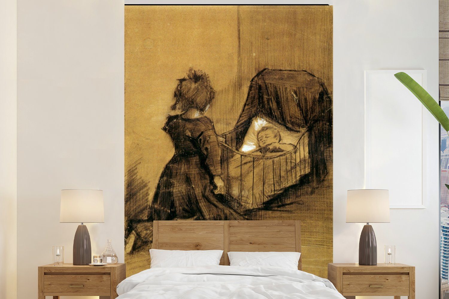 MuchoWow Fototapete Mädchen kniend bei einer Wiege - Vincent van Gogh, Matt, bedruckt, (3 St), Montagefertig Vinyl Tapete für Wohnzimmer, Wandtapete | Fototapeten