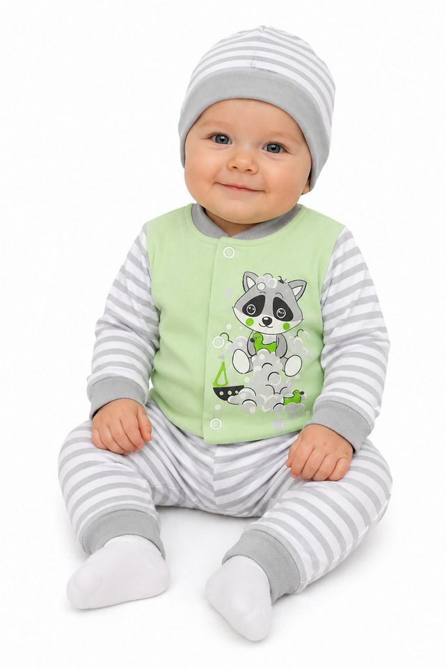 La Bortini Langarmshirt & Hose Baby Anzug Hemdchen Hose Mütze in Grün (unisex, für Jungen und Mädchen, Erstlingsset für Neugeborene, 3-teilig) aus Baumwolle, in grün grau, 44 50 56 62 68 74