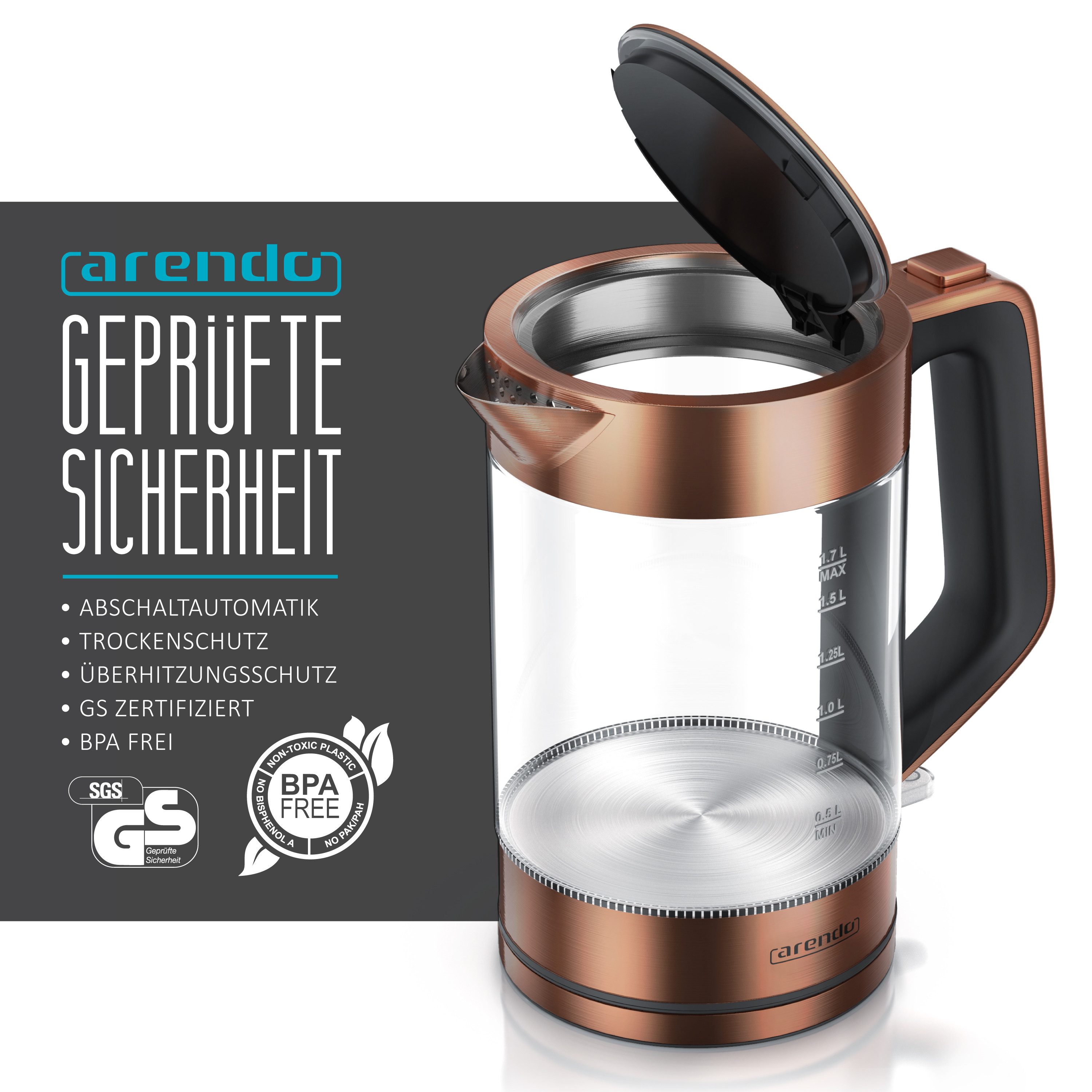 Arendo Wasserkocher aus Glas & Edelstahl, Cool-Touch-Griff, Füllstandsanzeige, Kupfer, 1,7 l, 2200 W, Überhitzungsschutz, One Touch Verschluss, automatische Abs – Bild 5 von 5