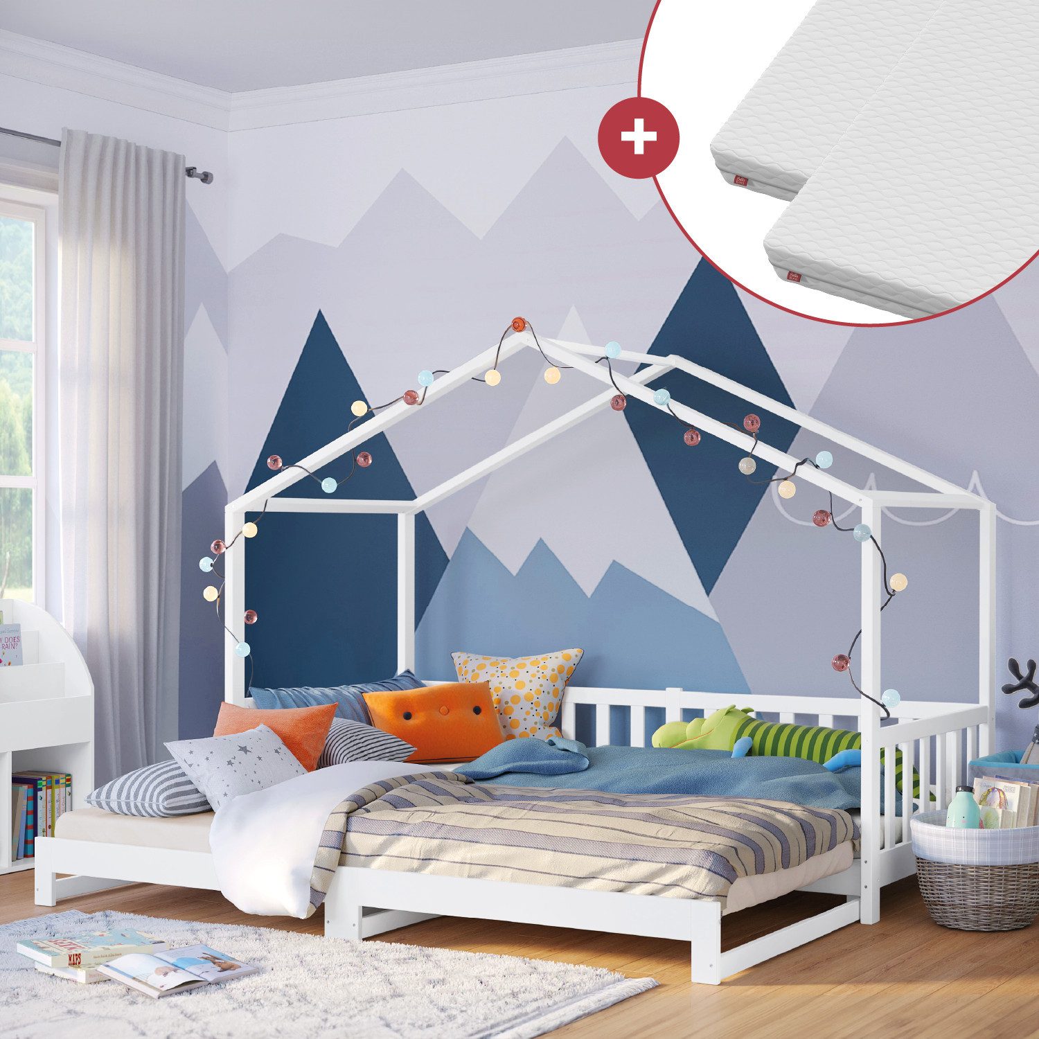 Bellabino Hausbett Bia (weiß lackiert, 90x200 cm / 180x200 cm, Bodenbett mi günstig online kaufen