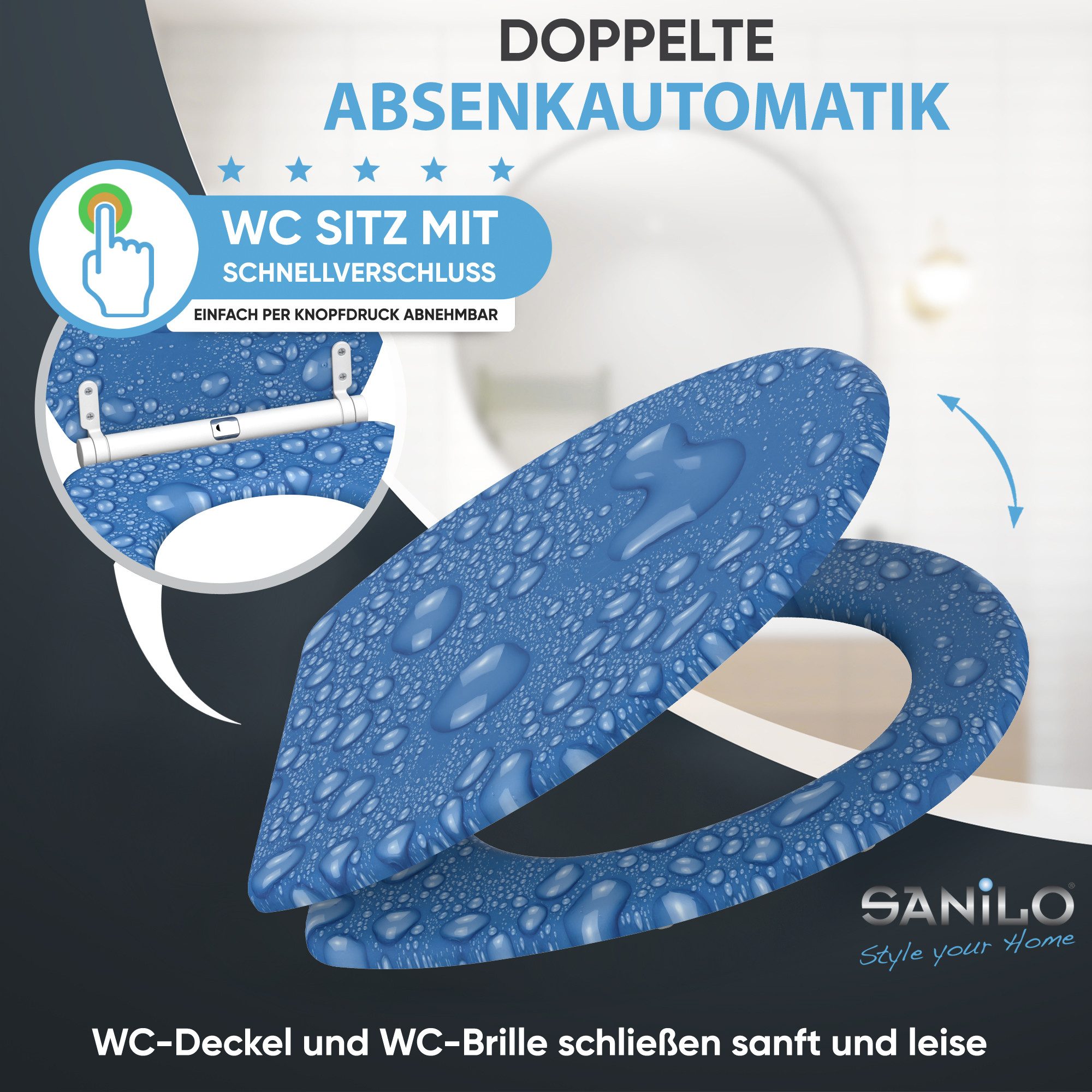 Sanilo WC-Sitz Tautropfen Blau mit Absenkautomatik & Quick Release, hochwertig, abnehmbar, leichte Montage von oben, mit Schraubenzieher – Bild 3 von 5