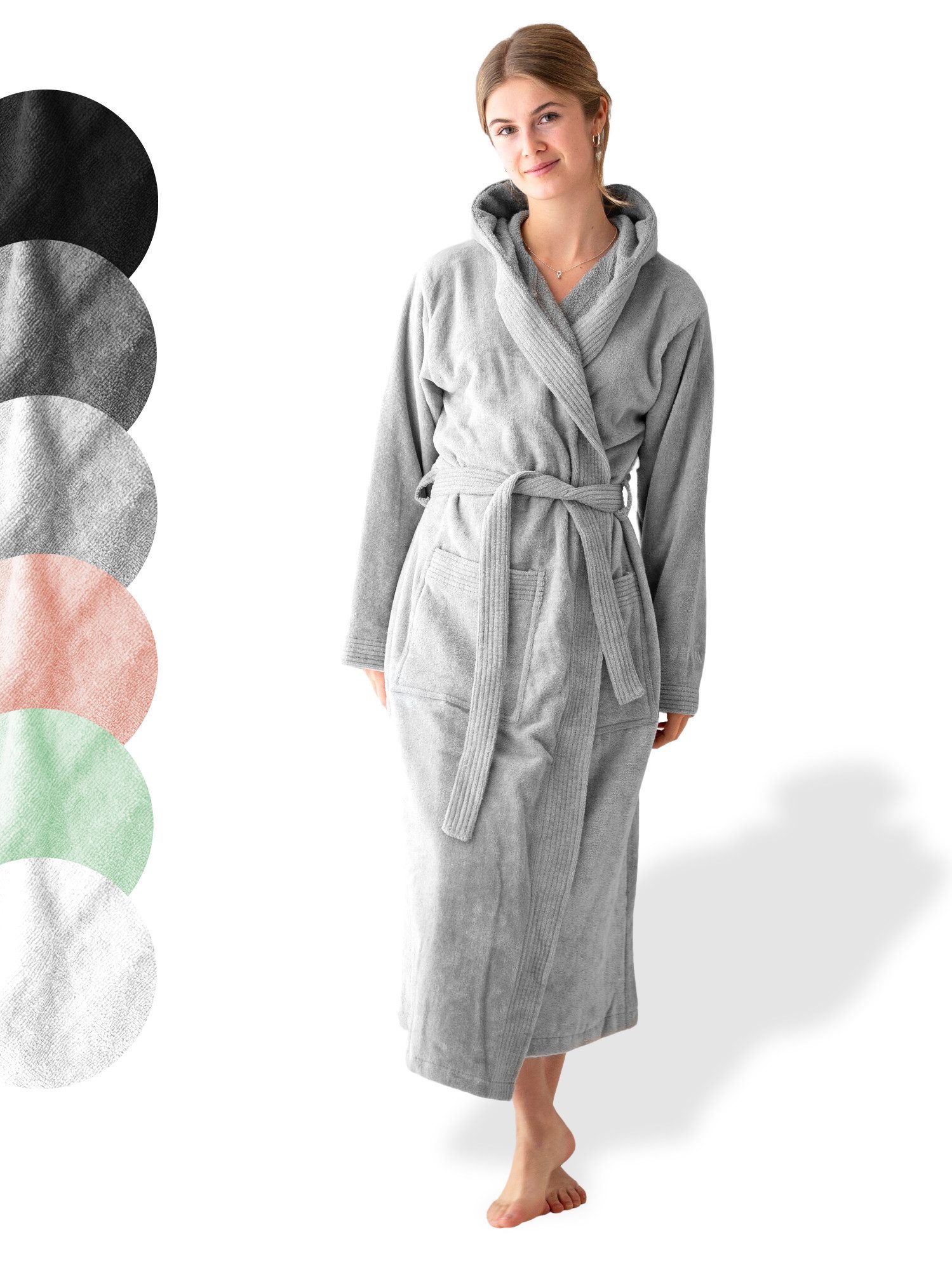 SIEGENTHAL Damenbademantel SIEGENTHAL® Damen Bademantel Frottee Velour Kapuze Flauschig Wadenlang, Kapuze, Gürtel, saugfähigem Frottee,Pflegeleicht und langlebig