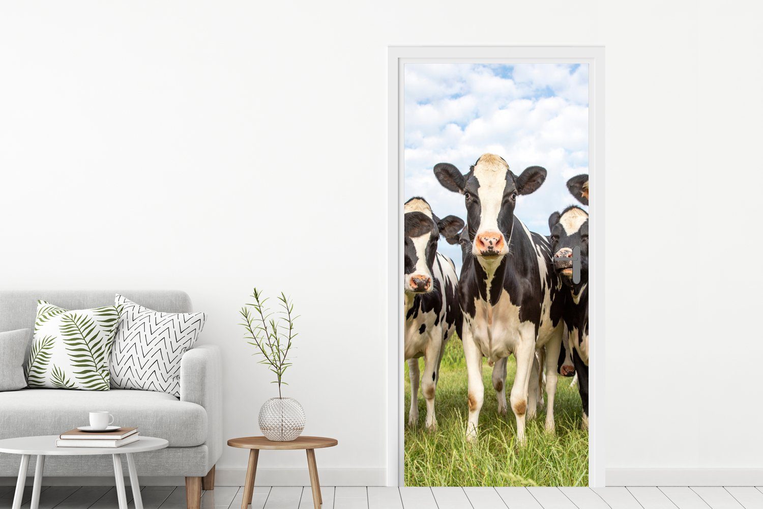 Tiere Fototapete - - Tür, Natur Türaufkleber, Matt, 75x205 - Gras, Türtapete cm St), (1 für MuchoWow - bedruckt, Weide Kühe