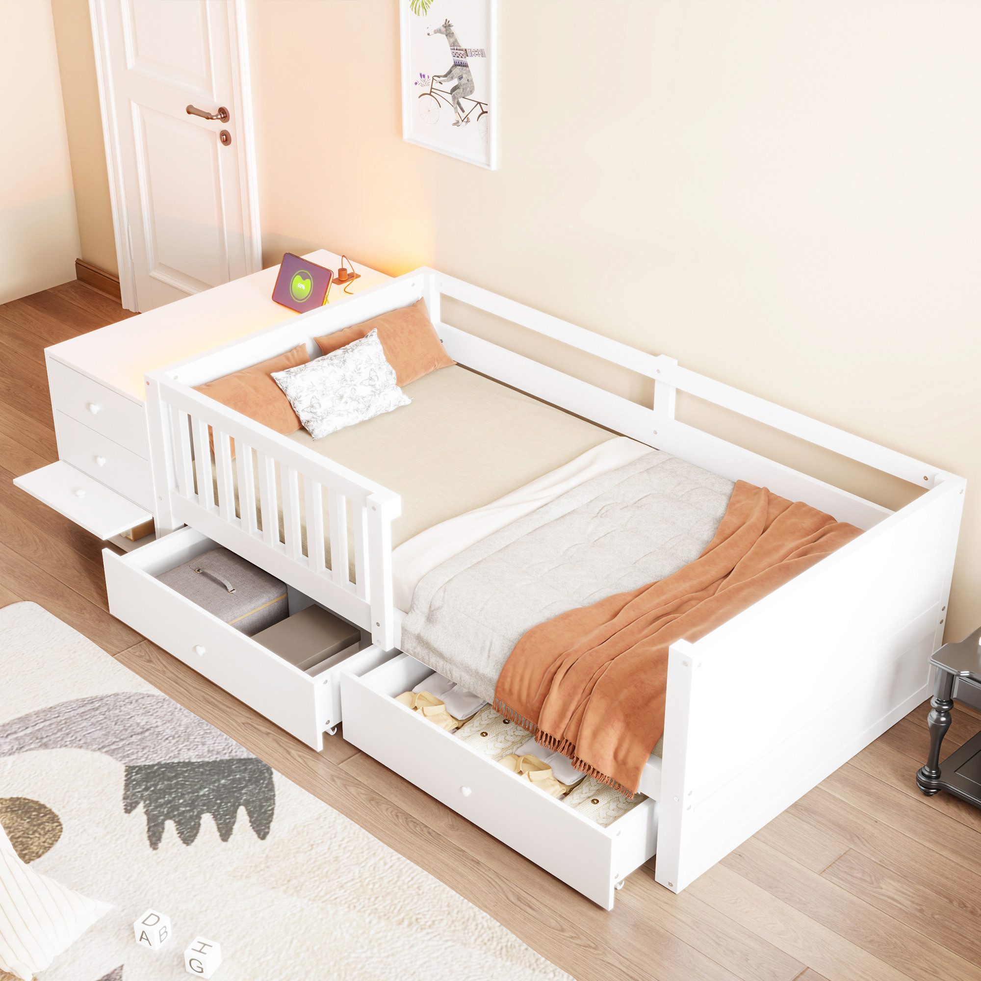 STILVORA Kinderbett 90×200 mit Stauraum Jugendbett Einzelbett, ohne Matratze (2 Schubladen, Regale, Klapptür, Steckdose), für Schlafzimmer, Gästezimmer und moderne Wohnungen
