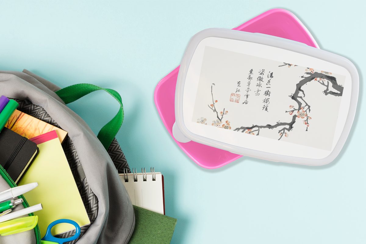 Blüte Zweig - für - - Kinder, Snackbox, Kunststoff (2-tlg), Erwachsene, Kunststoff, Brotdose Japan Mädchen, Design, rosa Brotbox MuchoWow Lunchbox