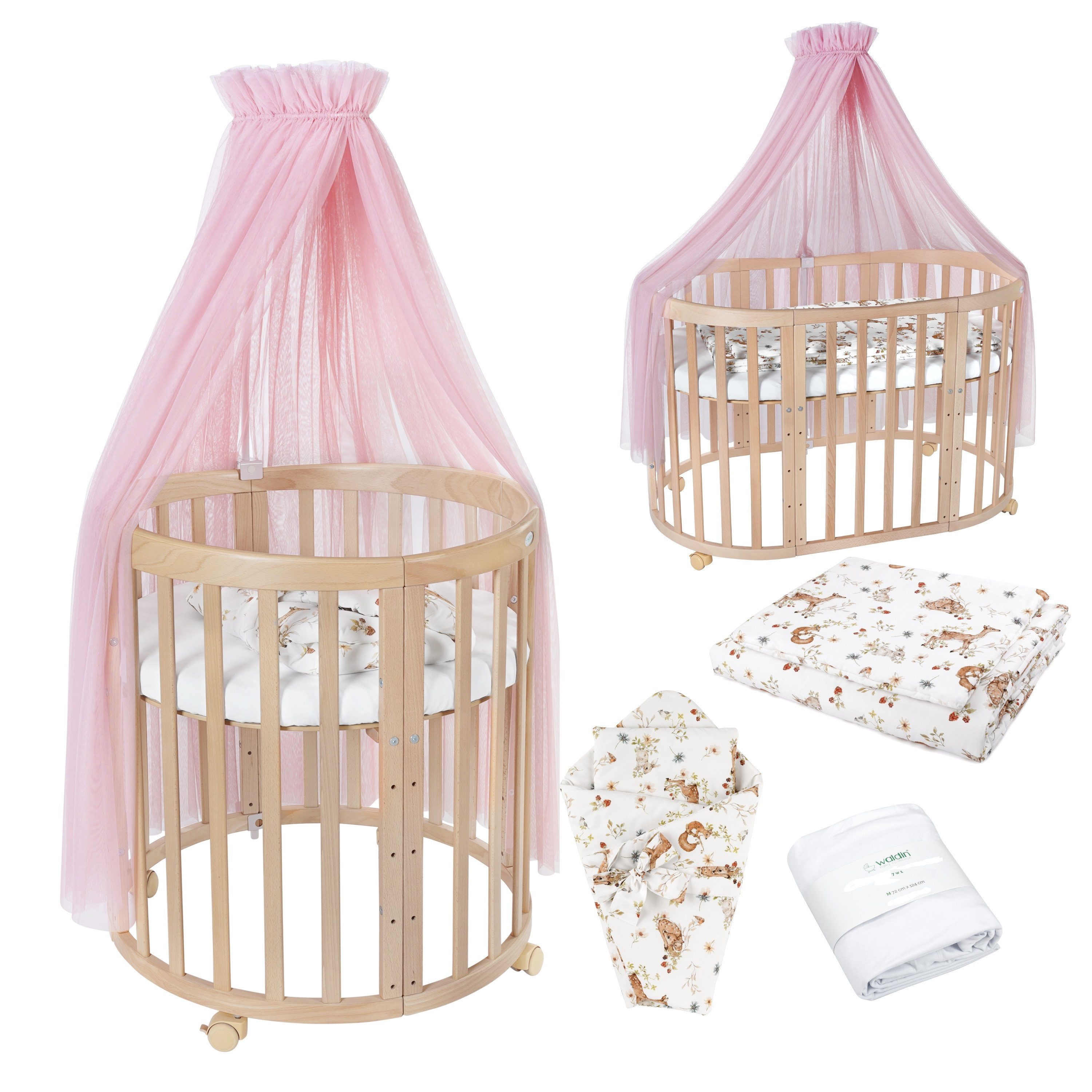 Waldin Babybett Mobiles Babybett OWAL aus Holz 7in1 mit Matratze, mitwachsend