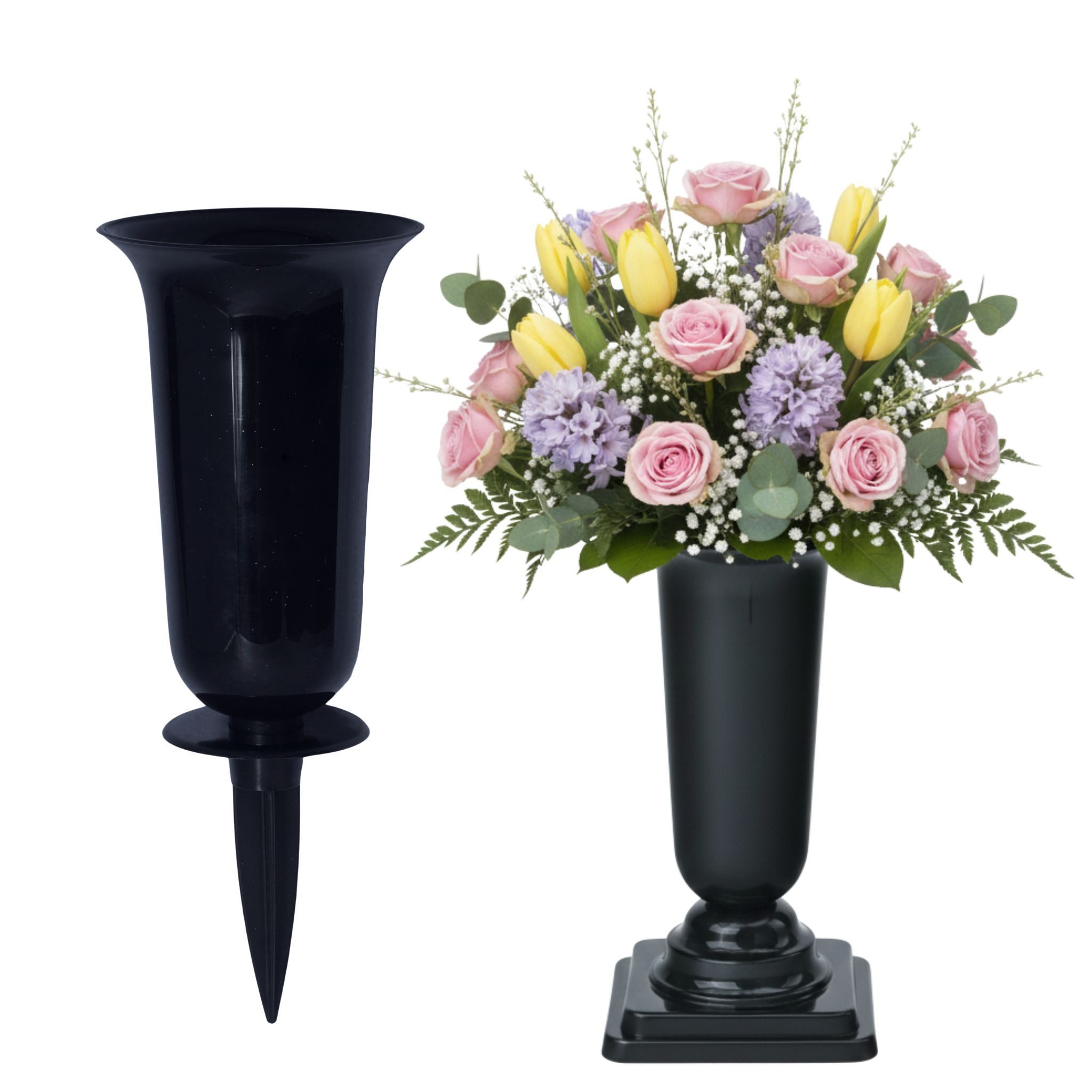 matches21 HOME & HOBBY Dekovase Grabvasen mit Erdspieß und Sockel 2er Set (31, 32 cm) grau (2 St), Wetterfeste Grabschmuck Friedhofsvasen zum Stecken, Hinstellen
