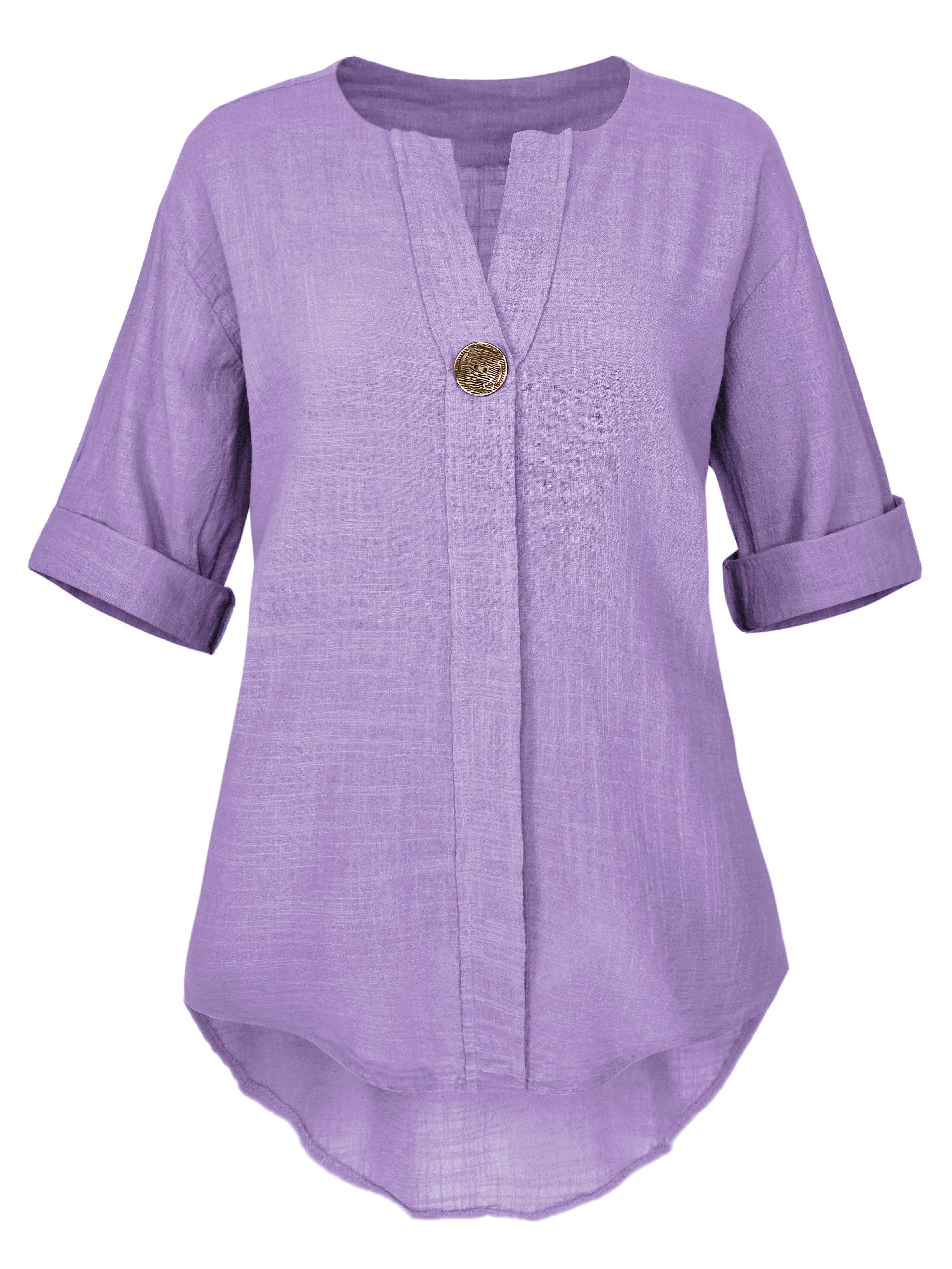 dy_mode Longbluse Damen Baumwollbluse Leichte Blusentunika Longbluse Tunika Schlupfbluse in Unifarbe,V okuhila-Schnitt, V-Ausschnitt