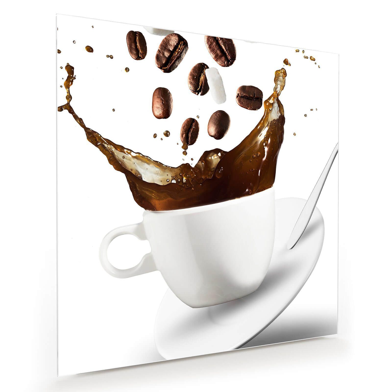 Glasbild Wandbild Quadratisch Kaffeetasse und Löffel mit Aufhängung