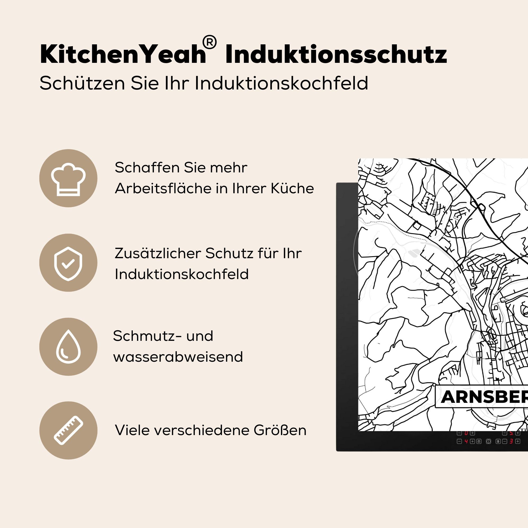 MuchoWow Herdblende-/Abdeckplatte 78x78 für cm, - Arnsberg Ceranfeldabdeckung, Vinyl, - (1 küche Arbeitsplatte tlg), Karte Stadtplan