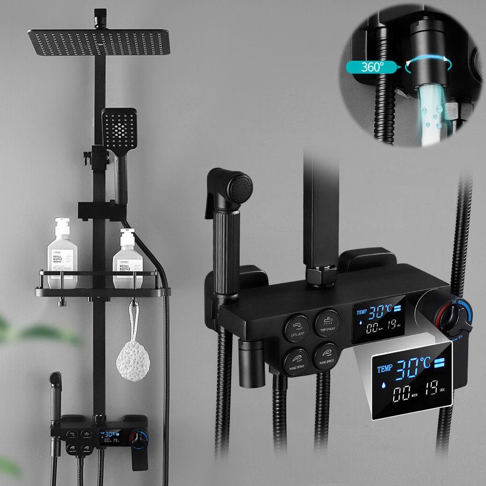 XERSEK Brausegarnitur Schwarz Duschsystem mit Thermostat Armatur Ablage LCD günstig online kaufen