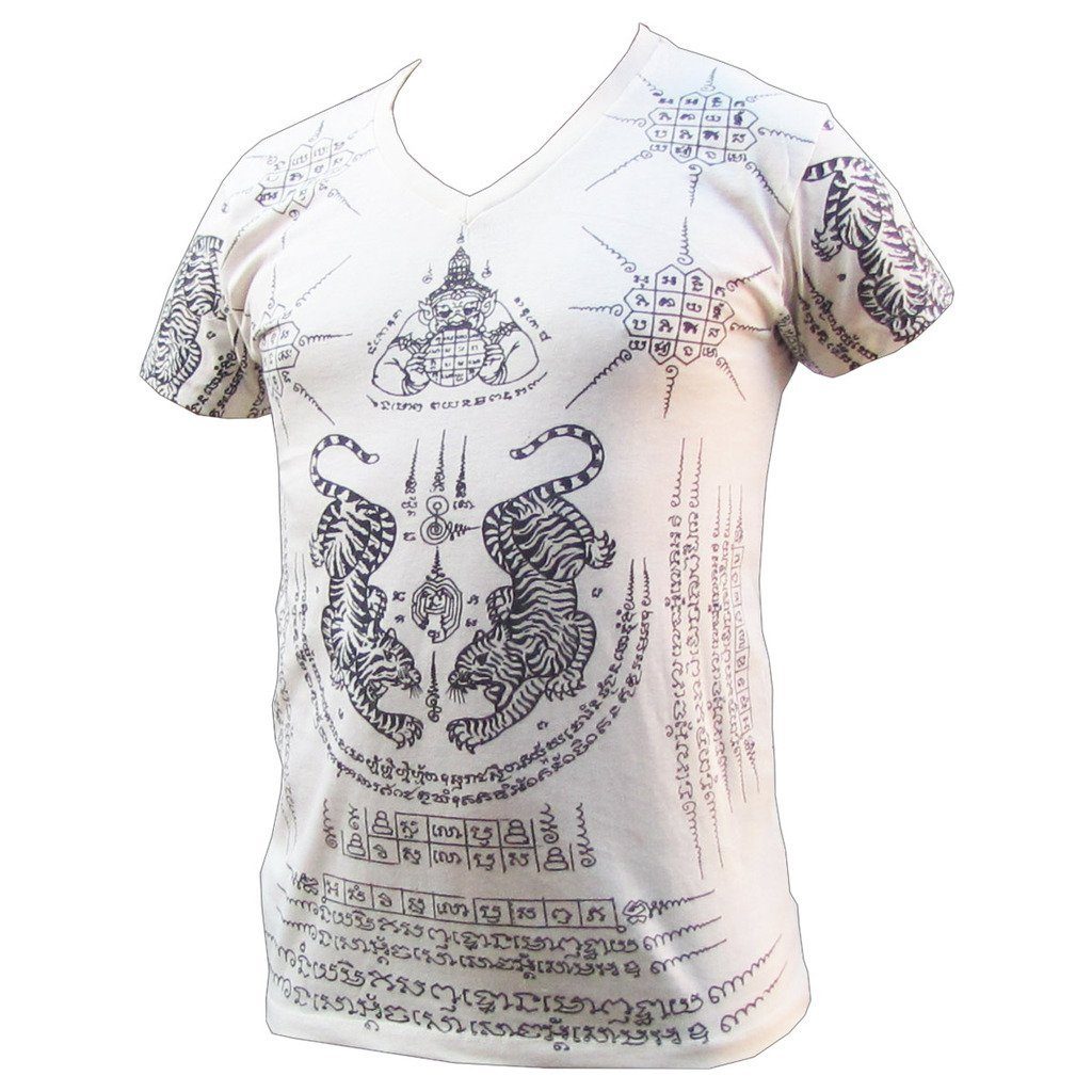 T-shirt Khmer PANASIAM T-Shirt Yantra, weiß Kunst Tiger Tattoo