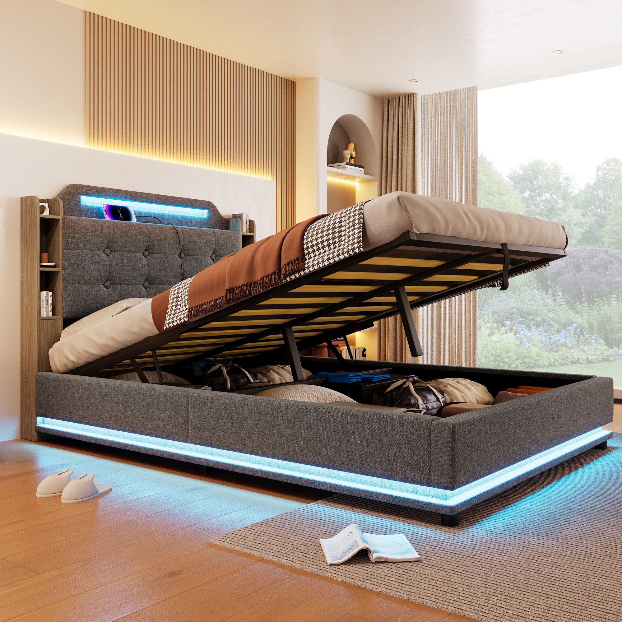 TavilaEcon Boxspringbett aus Leinenstoff und MDF-Umweltplatten, mit LED-Lic günstig online kaufen