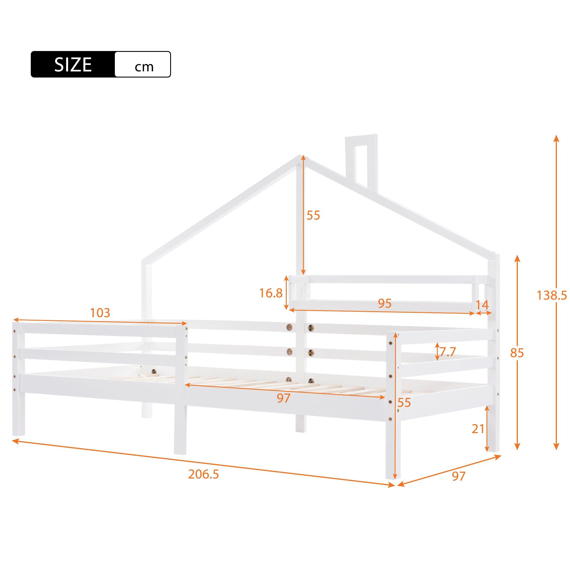 Regal, cm), Kinderbett Rausfallschutz inkl. mit SOFTWEARY (Hausbett 90x200 und Kiefer, Einzelbett aus Lattenrost Holzbett