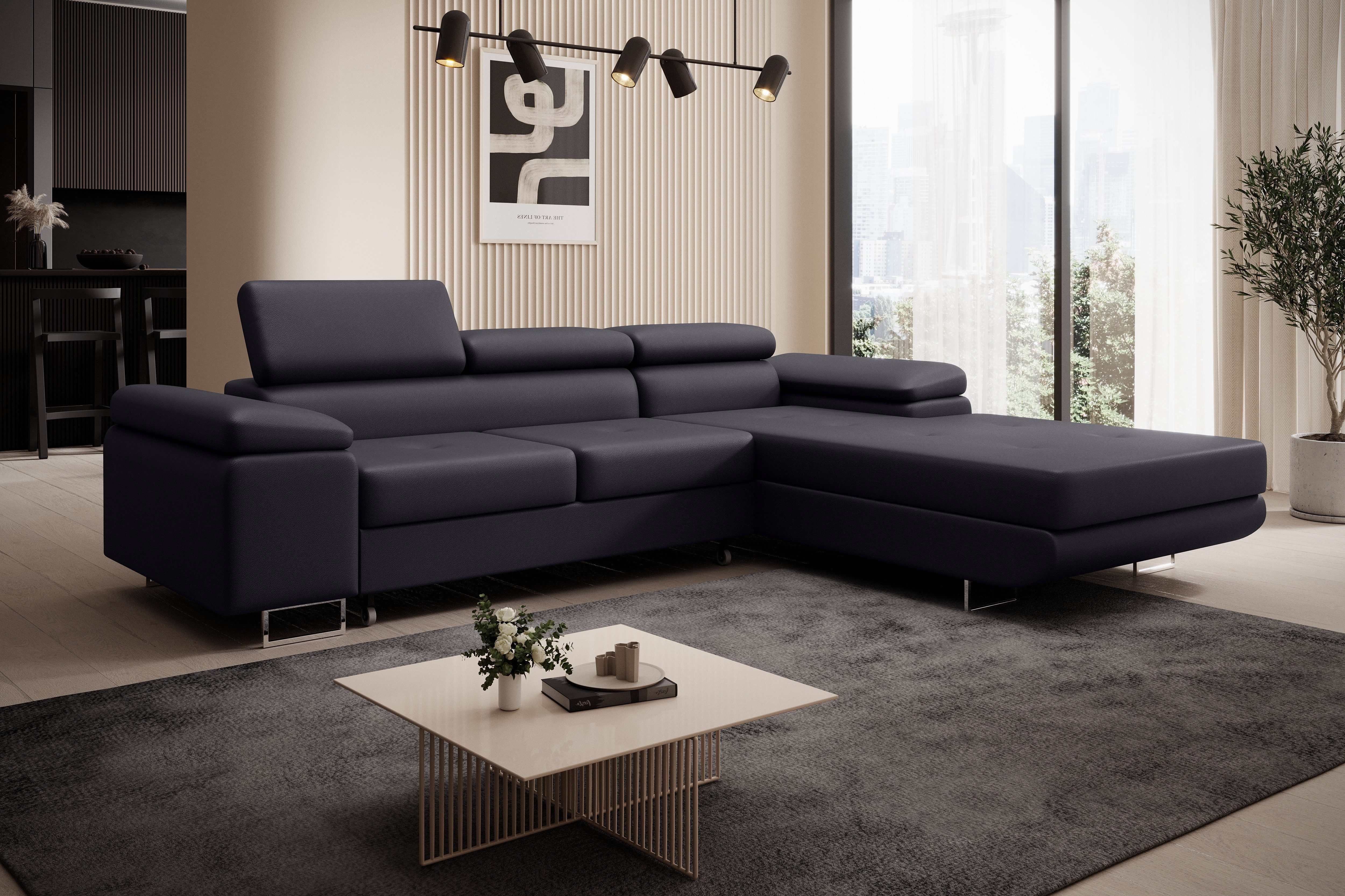 thematys Ecksofa ALVARO 250 x 183cm mit Schlaffunktion & Bettkasten –, L-Sofa mit 4 verstellbaren Kopfstützen, Strukturstoff (Inari), Cord (Poso), Leder (Soft), Leder (Soft)/Velours (Sawana) - L-Form, Wohnlandschaft, 250 cm breit