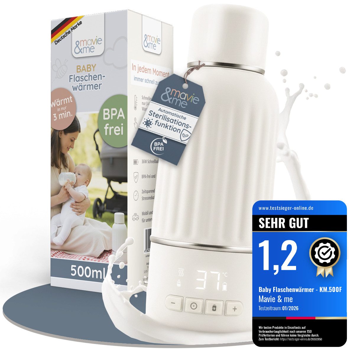 mavie & me Babyflaschenwärmer 500ml BPA frei & Sterilisation tragbarer Milch - Muttermilch Erwärmer, Portable Warmer mit Akku – ideal für unterwegs to go