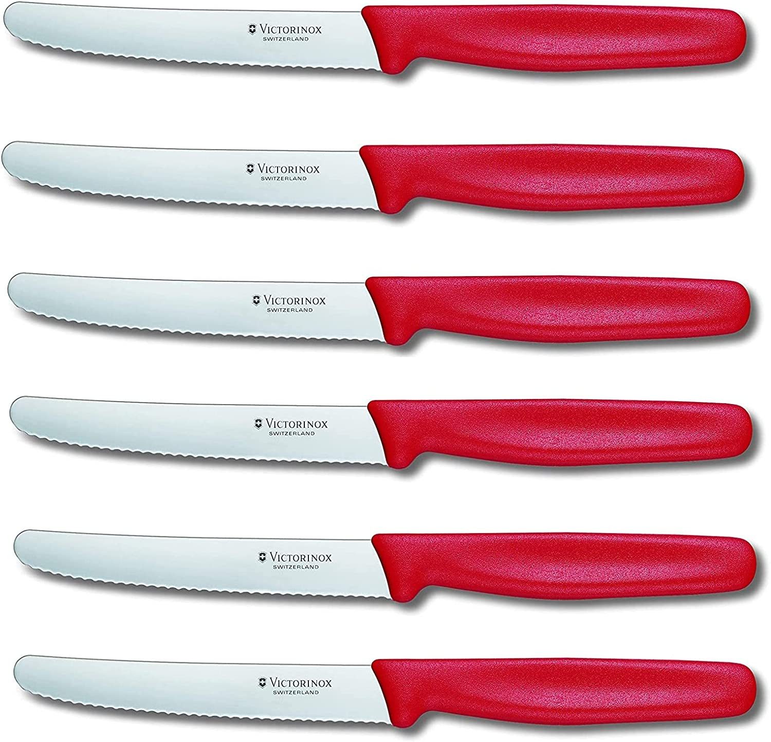 Victorinox Tafelmesser 6 Stück Küchenmesser Tomatenmesser Set Standard Wellenschliff Rot